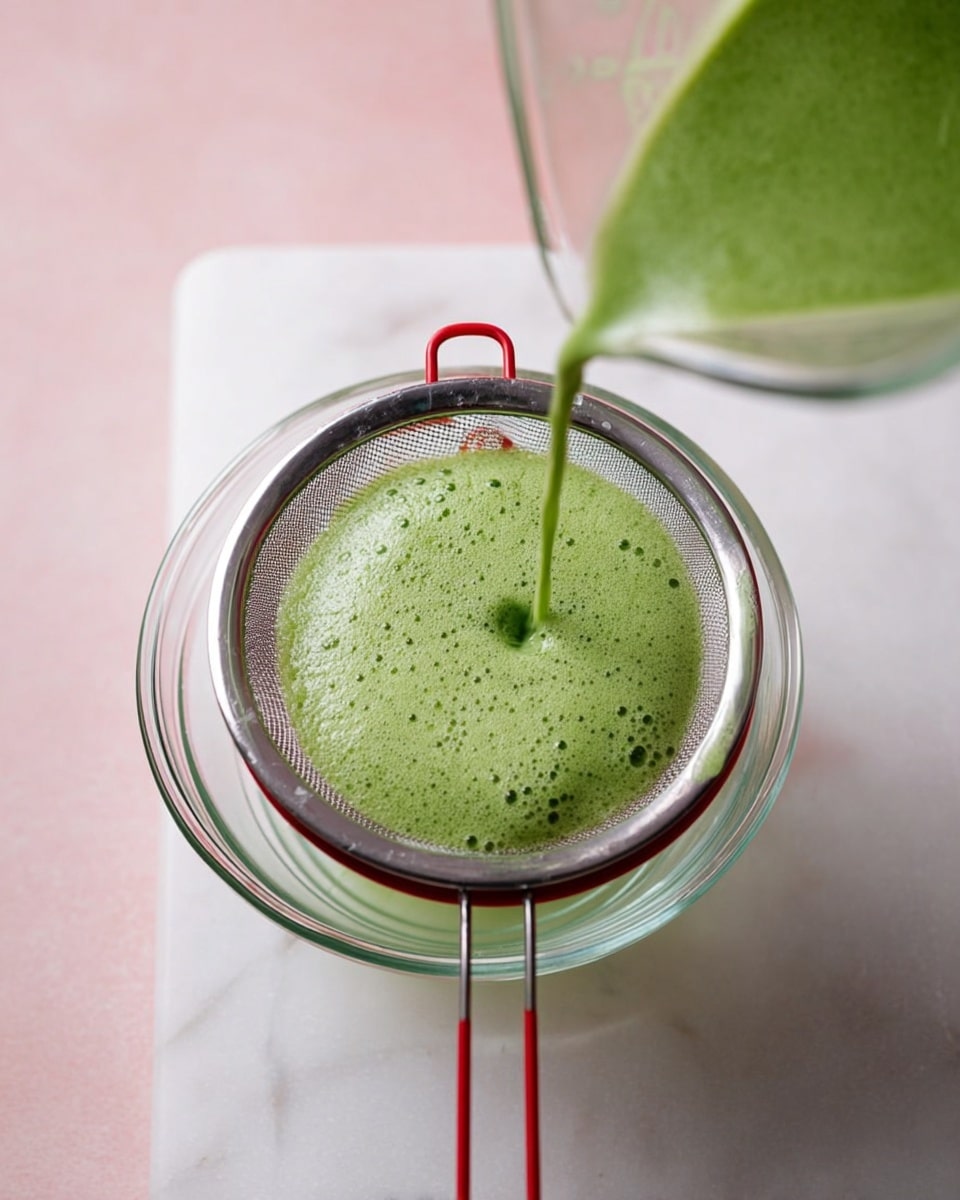 The image shows a close-up top view of a fine metal strainer with green puree foam being poured into it from a clear blender jar on the right side. The strainer is held over a clear glass bowl, all placed on a white marbled surface with a soft pinkish tint in the background. The green foam has a light texture with small bubbles, and the strainer has red handles pointing downwards. Photo taken with an iphone --ar 4:5 --v 7