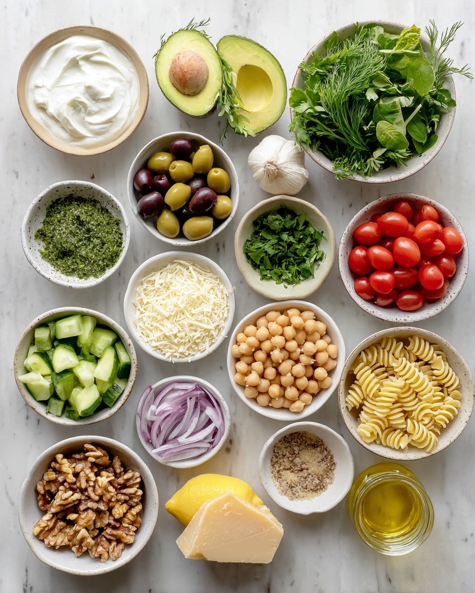 The image shows an arrangement of various ingredients on a white marbled surface. There are twelve white bowls and small plates, each holding a different ingredient: one bowl with creamy white Greek yogurt, another with bright green halved avocado, a bowl full of fresh mixed green herbs like parsley, dill, and basil, a small bowl with finely grated white Parmesan cheese, a bowl of red cherry tomato halves, a bowl filled with chopped light green cucumber, a bowl with brown pitted olives, a bowl containing light brown canned chickpeas, a bowl with pale yellow short pasta spirals, a bowl of finely chopped white and purple onion, and a small bowl of brown walnut pieces. Additionally, there is a halved lemon showing a bright yellow inside, a whole clove of garlic, a small glass jar of golden olive oil, and a wedge of Parmesan cheese with a pale yellow color. Photo taken with an iphone --ar 4:5 --v 7