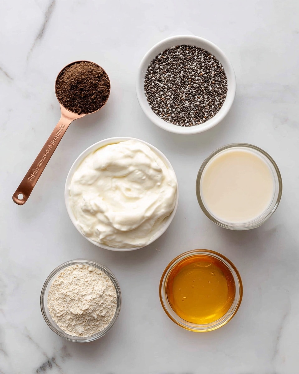 The image shows six different ingredients on a white marbled surface, each in small containers or measuring spoons. At the top left is a copper measuring spoon with dark brown vanilla powder. To the right is a small white bowl filled with black and white chia seeds. Below the vanilla, there is a white bowl with thick, creamy white Greek yogurt. To the right of the yogurt is a clear glass cup filled with light beige milk. At the bottom left is a small clear bowl with light beige protein powder. Finally, at the bottom right, there is a small round bowl with golden amber honey or maple syrup. Each ingredient is labeled with bold black text in white boxes. Photo taken with an iphone --ar 4:5 --v 7