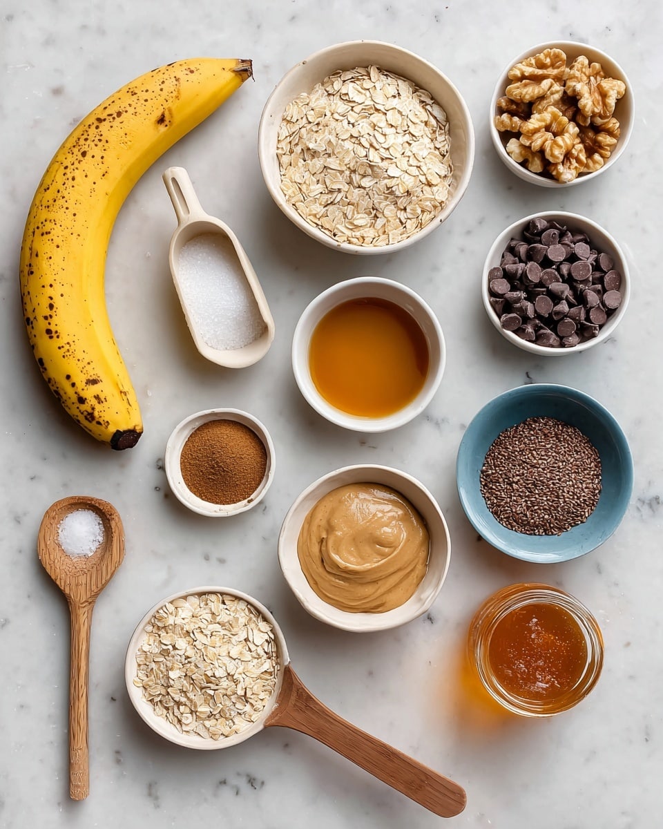 A white marbled surface holds various ingredients arranged neatly: at the bottom left, a ripe banana with yellow and brown spots; above it, a large white bowl-shaped scoop filled with pale beige quick oats; to the right, a smaller white bowl with mini dark chocolate chips, showing a deep brown color; next to it, a medium white bowl filled with light brown chopped walnuts; above, a round white bowl with smooth light brown nut butter; a small white bowl containing a light brown powder of cinnamon; a flat wooden spoon holding golden-brown vanilla extract; a blue bowl with dark brown ground flax seeds; a small scoop of white salt with coarse texture; and at the bottom right, a glass jar with bright amber honey. photo taken with an iphone --ar 4:5 --v 7