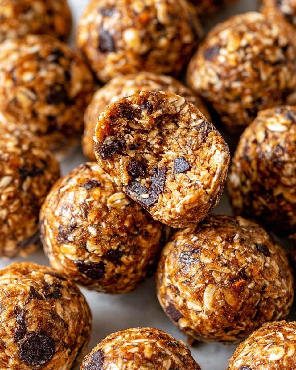 A group of round energy bites made of oats, small dark chocolate chips, and seeds all mixed tightly, showing a crunchy and sticky texture. The bites are medium brown with specks of black from the chocolate chips and light beige oats, stacked closely on a white marbled surface. The oats create a rough and uneven surface with the chocolate chips dotted throughout, giving a mix of smooth and grainy look. They appear dense and compact, with some bites sitting on top of others in a natural pile. photo taken with an iphone --ar 4:5 --v 7