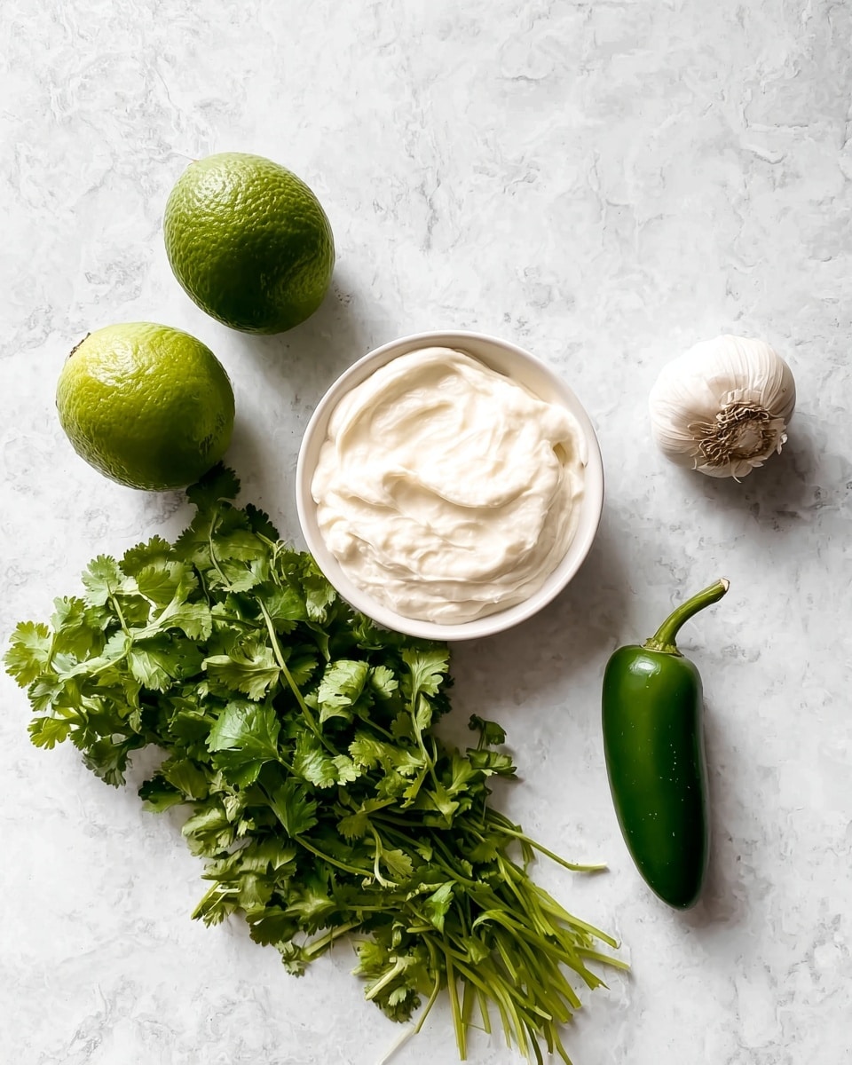 The image shows a white bowl filled with smooth, creamy sour cream placed near the top center on a white marbled surface. Below and to the left of the bowl, there are two bright green limes with textured skin. At the bottom left, there is a fresh bunch of green cilantro with leafy tops and thin stems. To the right of the cilantro, a whole green jalapeño pepper lies with a smooth, shiny surface. Near the top right of the jalapeño, there is a small, round, white garlic bulb with papery skin. photo taken with an iphone --ar 4:5 --v 7