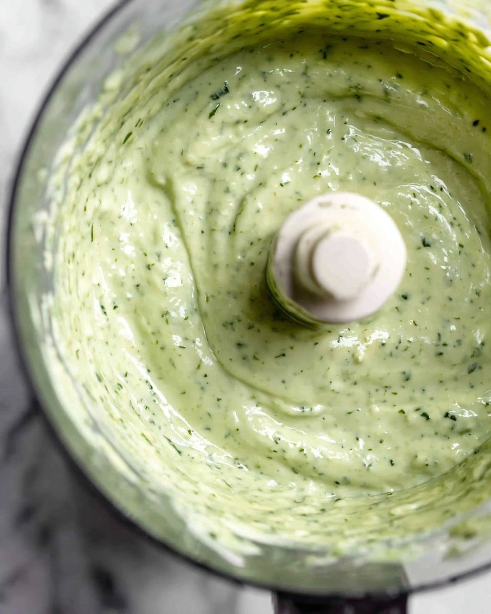 A close-up view of a thick, creamy green sauce inside a clear food processor bowl, showing a smooth texture with small bits of herbs spread evenly throughout. The sauce has a light green color with darker green specks, filling the bowl almost to the top. The blade of the processor is visible on the left side, slightly blurred, and the background is a white marbled surface. photo taken with an iphone --ar 4:5 --v 7