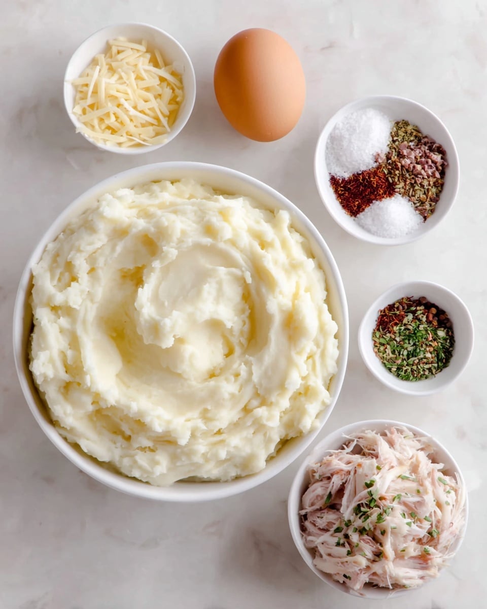 A white bowl filled with creamy mashed potatoes that have a smooth and fluffy texture, with a slight indentation on top in the middle. Surrounding the bowl are five small white bowls and one whole brown egg: one bowl contains shredded pale yellow cheese, another bowl holds white coarse salt, a third bowl has a mix of dried herbs and spices in brown and red tones, and the last bowl is filled with shredded cooked meat garnished with small green herb bits. All items are placed on a white marbled surface. photo taken with an iphone --ar 4:5 --v 7