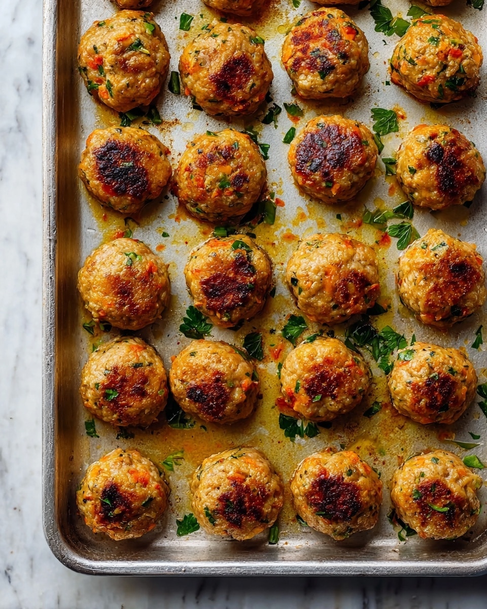The image shows a metal baking tray filled with cooked meatballs arranged in a neat grid. Each meatball is round, browned on top with a crispy texture, and speckled with small bits of orange and green herbs and vegetables inside. The tray has some oil spots and small green herb pieces scattered around the meatballs. The background surface is white marble. photo taken with an iphone --ar 4:5 --v 7