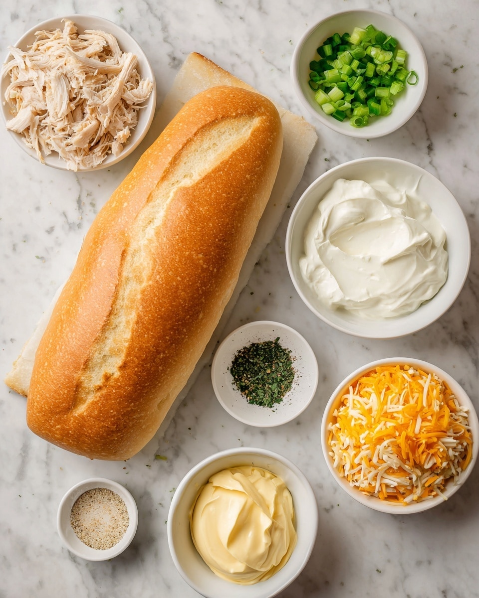 A long sandwich roll lies open on a white marbled surface, showing the soft, light beige inside of the bottom half while the top half with a golden brown crust rests slightly tilted on it. Around the bread are six small white bowls: the top left bowl holds shredded pale beige chicken, the top right bowl contains smooth, creamy light yellow mayo, the middle right bowl has thick white sour cream, the bottom right bowl is full of shredded orange and white cheese mixed, the bottom left bowl shows dark green dried herbs, and the middle left bowl holds small pieces of chopped green onions. A small white dish with light beige seasoning is also placed near these bowls. photo taken with an iphone --ar 4:5 --v 7