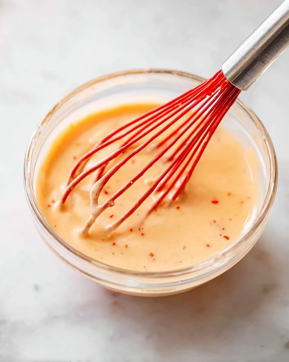 A clear glass bowl is filled with smooth, creamy sauce in a light orange color with subtle reddish specks. A red whisk with a silver handle is partially dipped in the sauce, its silicone tines coated and slightly dripping. The scene is set on a white marbled surface that softly reflects light, creating a clean and fresh kitchen feel. photo taken with an iphone --ar 4:5 --v 7