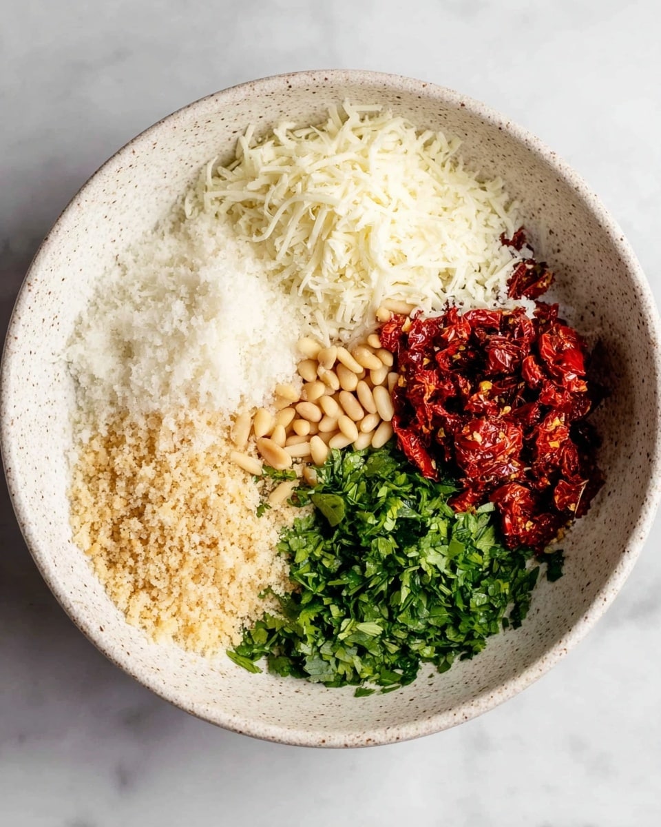 A white speckled bowl on a white marbled surface holds five different ingredients separated in sections without mixing. The top left section has a fluffy white shredded cheese, next to it on the right is a bright red pile of chopped sun-dried tomatoes. Below the tomatoes is a fresh green layer of chopped parsley. To the left of the parsley and below the cheese is a pile of beige pine nuts with a small sprinkle of white salt on the edge. The bottom left section has light tan panko breadcrumbs. photo taken with an iphone --ar 4:5 --v 7