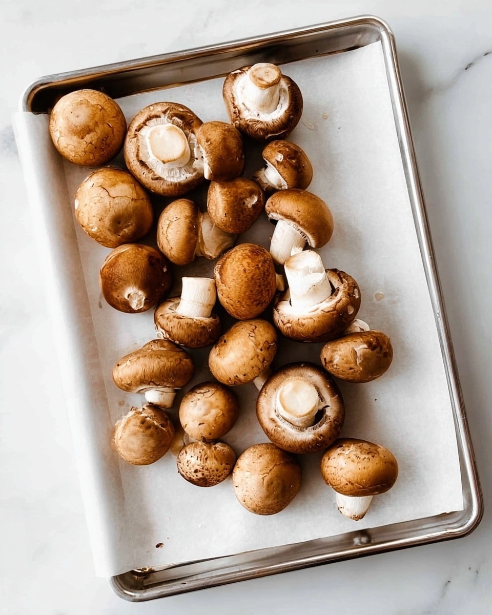 A metal tray is lined with white parchment paper, holding about twenty fresh brown mushrooms scattered across it. The mushrooms have smooth, round caps, some facing up showing their hollow white stems and gills, while others rest on their caps with their curved sides visible. The tray sits on a white marbled surface, adding a clean and bright background to the simple, natural arrangement of the mushrooms. photo taken with an iphone --ar 4:5 --v 7