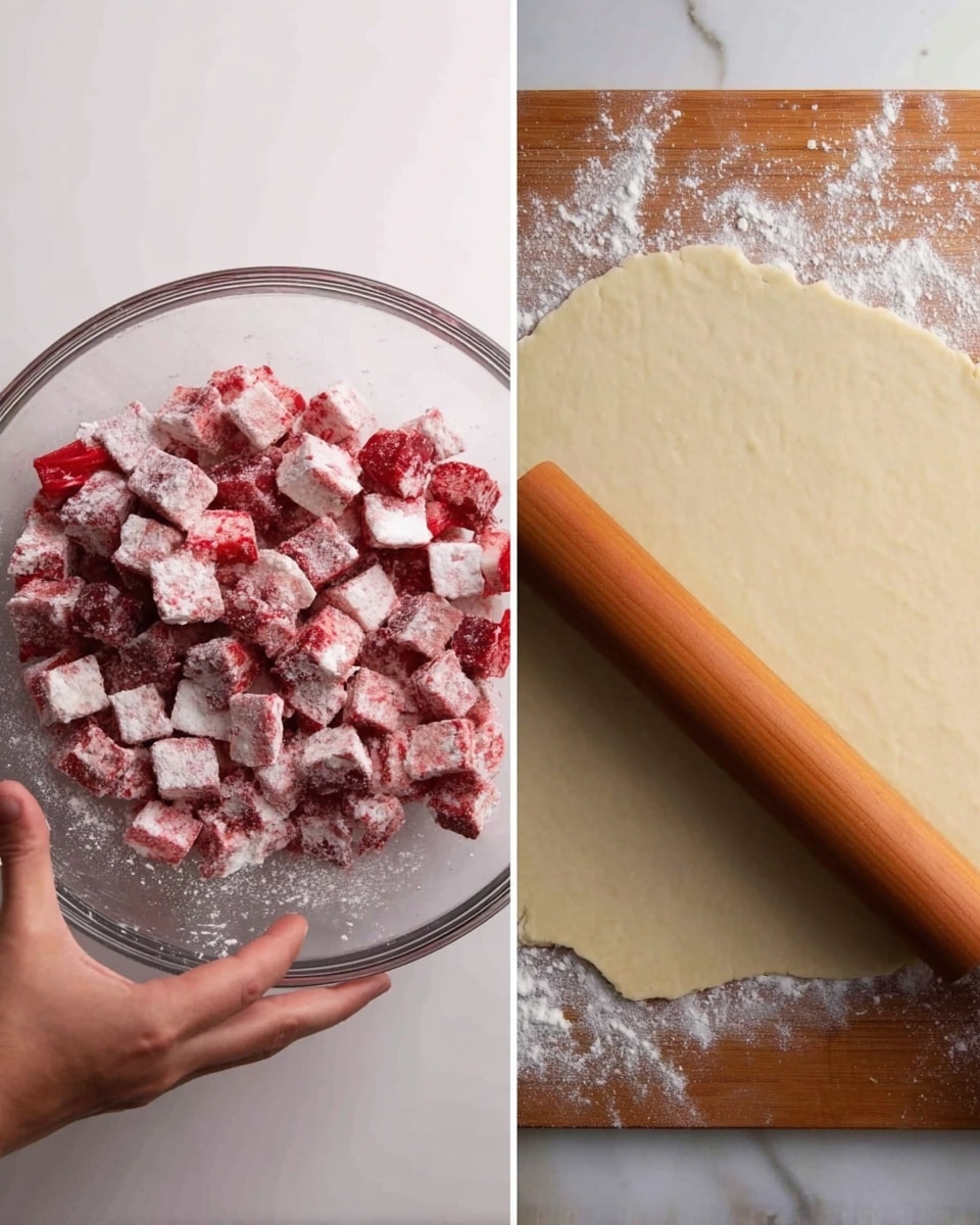 The first image shows a clear glass bowl filled with small cubes of red fruit mixed with white flour or sugar, giving a powdery look. A woman’s hand is holding the side of the bowl from the bottom left corner. The second image shows dough rolled out flat on a white marbled surface, with some flour sprinkled around the edges. A woman’s hand is holding a wooden rolling pin at the right side, rolling the dough evenly. photo taken with an iphone --ar 4:5 --v 7