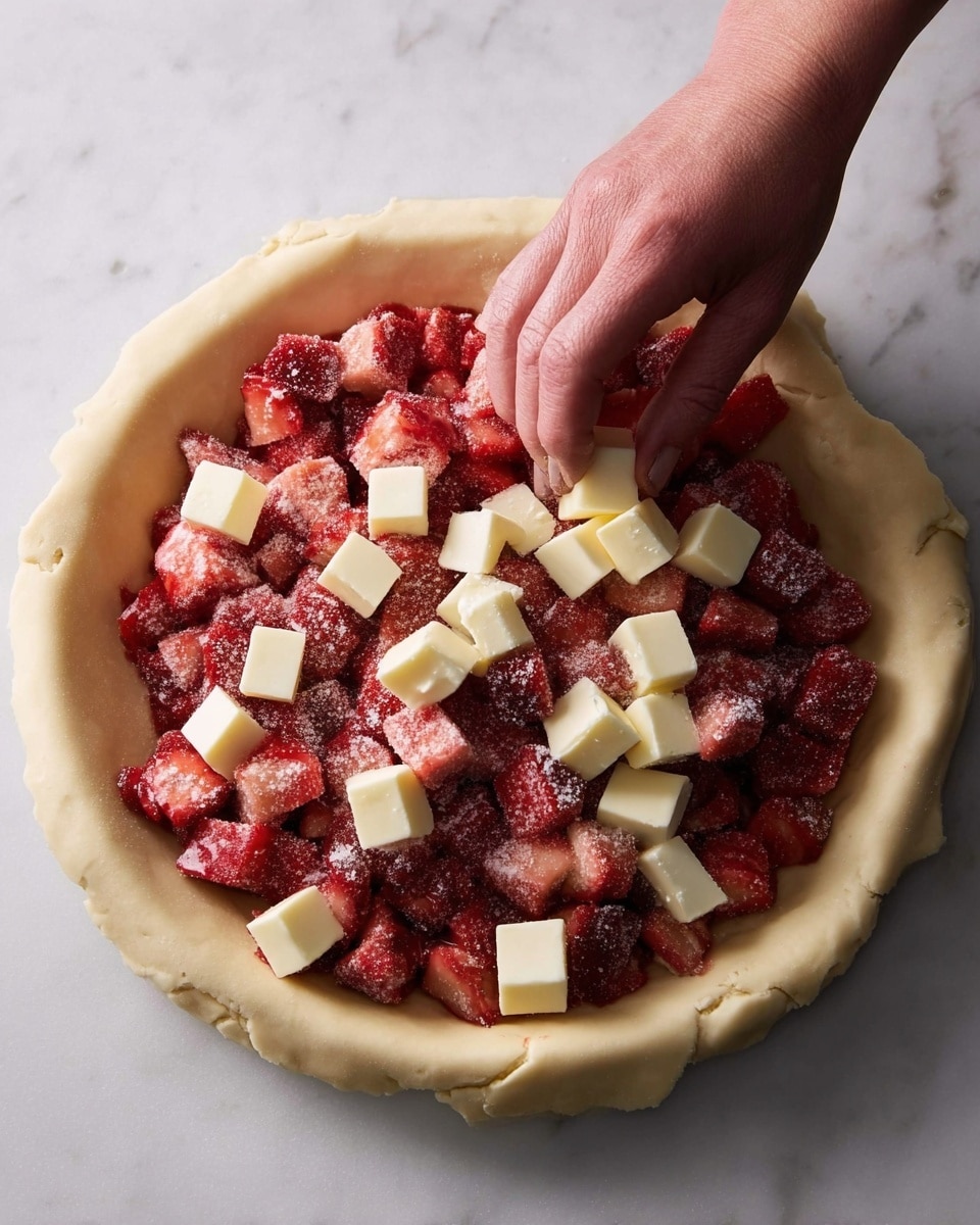 A single round pie crust is laid flat with its edges rough and uneven, forming the base layer. On top of this crust, there is a thick layer of chunky, diced red fruit pieces mixed with sugar, giving a frosty look. Scattered evenly across the fruit are small cubes of pale yellow butter. A woman's hand is placing one of these butter cubes on the fruit layer. The entire setup rests on a smooth white marbled surface. photo taken with an iphone --ar 4:5 --v 7