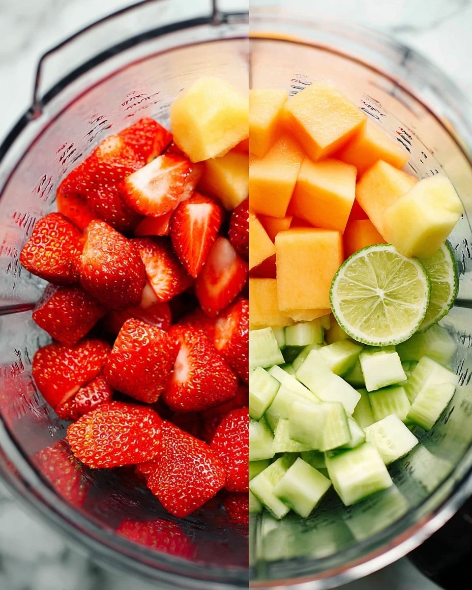 The image shows two parts side by side with fresh cut fruit and vegetables. On the left side, there are three rows of cut pieces placed neatly on a white marbled surface: the top row has bright red strawberries cut in halves, the middle row has orange-yellow cantaloupe pieces in uneven shapes, and the bottom row has light green cucumber chunks cut into small pieces. Along the bottom edge, there are round slices of lime. On the right side, there is a close-up inside a clear blender jar filled with halved strawberries sitting at the bottom. The clear glass of the blender shows the red strawberries with white seeds and details of the jar. The whole scene is bright and fresh, with a clean white marbled texture underneath. Photo taken with an iphone --ar 4:5 --v 7