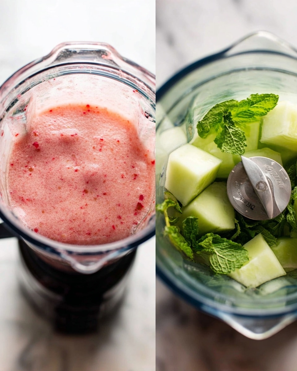The image shows two close-up views of a blender. On the left, the blender is filled with a thick pink mixture with small red specks, sealed by a black lid, set on a white marbled surface. On the right, the top view inside the blender shows large chunks of pale green cucumber and bright green mint leaves in clear liquid, with water being poured in. The blender's sharp silver blades are visible inside the clear container. photo taken with an iphone --ar 4:5 --v 7