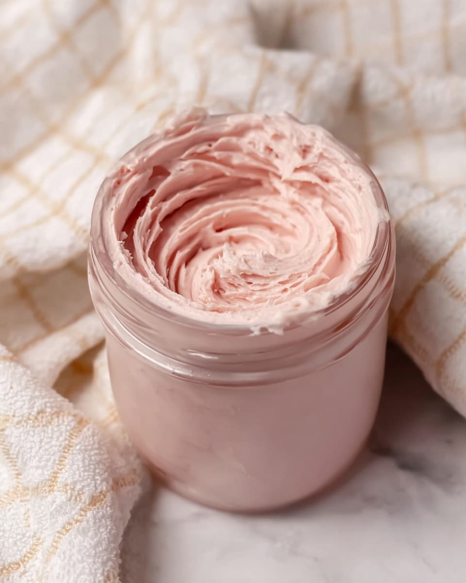 A clear glass jar filled with smooth, creamy light pink spread, with thick layers visible inside the jar and swirled around the top edge showing a slightly textured surface; the jar sits on a white marbled surface with a soft white and beige checkered cloth gently folded in the background, giving a cozy feel. photo taken with an iphone --ar 4:5 --v 7