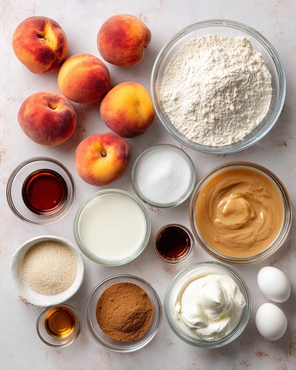 The image shows a group of ingredients for baking arranged neatly on a white marbled surface. There are six whole peaches with a round shape and a mix of reddish-orange and yellow color clustered on the left side. Scattered around are clear glass bowls of different sizes containing various ingredients: a large bowl of white cake flour with a light, powdery texture near the right side, a bowl of smooth light brown brown butter, a bowl of fine white sugar, a bowl with coarse white salt, and a bowl of dark amber vanilla extract. Smaller bowls hold light brown sugar with a grainy texture, thick white whipped cream, fine white cornstarch, and a glossy white liquid milk. A tiny bowl contains warm brown cinnamon powder alongside another with slightly darker nutmeg powder. There is also a small bowl of white baking powder, and white eggs placed near the bottom right. All the bowls are round and clear, showing the texture and color of the ingredients inside. The scene is bright and organized, with everything clearly labeled in bold black text. photo taken with an iphone --ar 4:5 --v 7