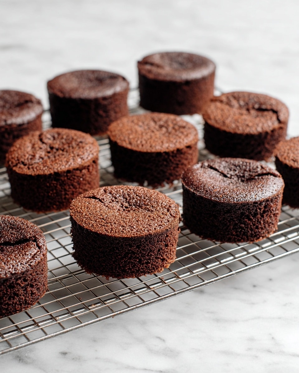 There are eight small round chocolate cakes with a rough and crumbly texture on a metal cooling rack. They are dark brown with some cracks on the top and sides, showing a dense and moist inside. The cakes are evenly spaced in two rows and placed on a white marbled surface. The scene is well-lit with soft natural light, highlighting the rich chocolate color and texture. photo taken with an iphone --ar 4:5 --v 7