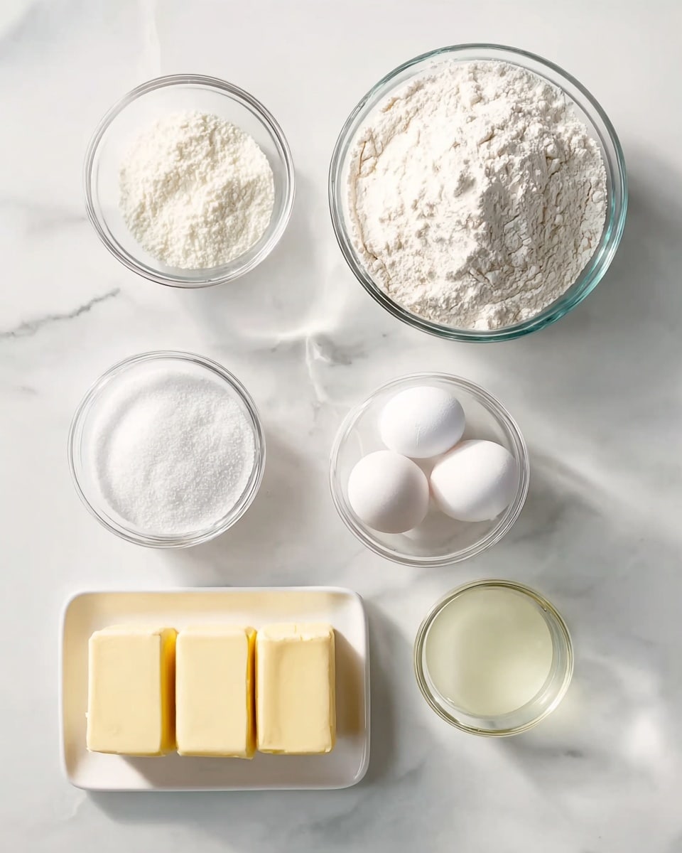 The image shows seven baking ingredients arranged neatly on a white marbled surface. At the top right, there is a large clear glass bowl filled with white flour, next to it on the left is a smaller clear glass bowl with a fine white powder, likely powdered sugar. Below the large flour bowl and slightly to the left is another clear glass bowl filled with granulated white sugar. In the center, there is a small rectangular white plate holding two yellow sticks of butter. To the left of the butter plate is an egg carton holding four white eggs. Above the eggs, a small clear glass bowl holds a clear, pale yellow liquid, possibly lemon juice. The clean arrangement and soft natural light highlight the pure white and yellow tones of the ingredients. Photo taken with an iphone --ar 4:5 --v 7