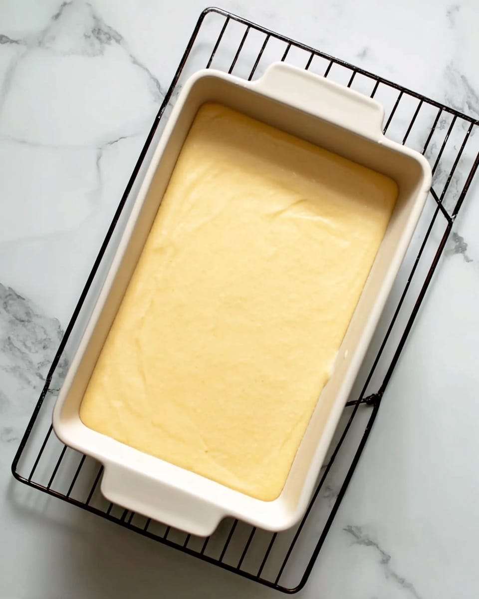 A rectangular white baking dish filled with a smooth, light yellow batter that has a creamy texture. The dish is placed on a black wire rack on top of a white marbled surface. The batter appears even and thick, almost ready to be baked. photo taken with an iphone --ar 4:5 --v 7