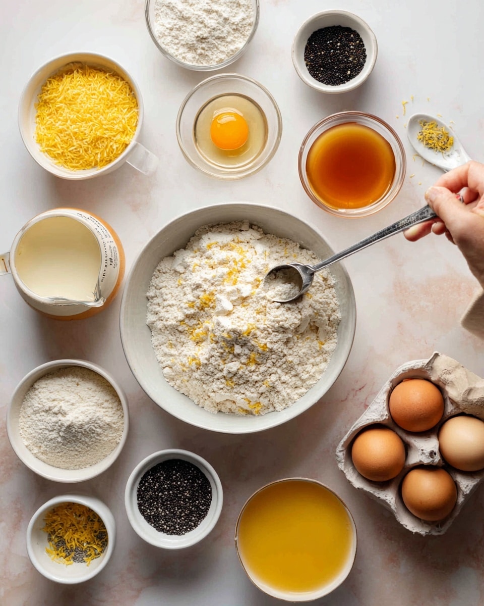 The image shows a flat lay of baking ingredients arranged neatly on a white marbled surface. There is a white bowl filled with flour mixed with small chunks and a woman’s hand holding a measuring scoop just inside it. Surrounding this are small white bowls containing yellow lemon zest, small black poppy seeds, orange honey, white baking soda, and a dark vanilla liquid. There is also a clear measuring cup with a light cream liquid, a white container filled with a pale powder, a glass juicer bowl with freshly squeezed pale yellow lemon juice, a carton holding four brown eggs, and a small glass bowl with a clear liquid placed in the center. The colors are soft, natural, and the arrangement is clean and orderly. photo taken with an iphone --ar 4:5 --v 7