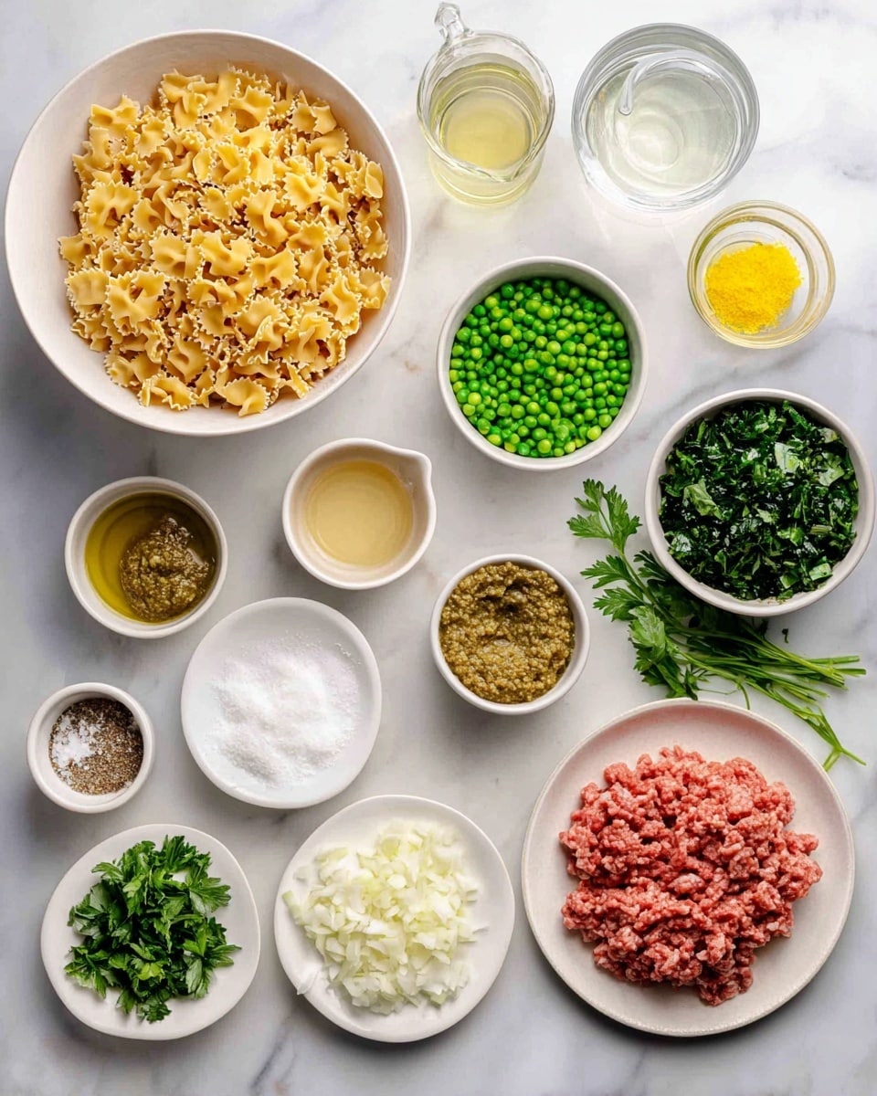 The image shows many ingredients neatly arranged on a white marbled surface, ready to make a meal. In the top-left, a large white bowl holds light brown pasta with ruffled edges. Around it, smaller white bowls and dishes contain various items: a bowl with bright green peas, a glass measuring cup with light brown broth, a small clear jar with pale yellow liquid, and a wooden bowl filled with a dark green herb paste. There is also a large white bowl full of chopped dark green leafy herbs. Smaller white dishes hold pale yellow sauce, minced garlic, chopped onions, chopped fresh herbs, salt and pepper, and grated cheese with a chunk of cheese beside it. At the bottom right, a grey plate carries a mound of raw ground red meat. Fresh green dill sprigs rest on the marbled surface beside the bowls. Everything is clear and arranged in a clean style, photo taken with an iphone --ar 4:5 --v 7