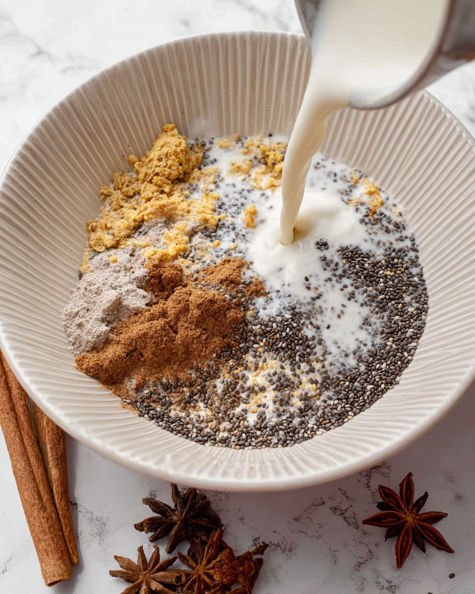 A white bowl with vertical ridges around the edge contains several layers of ingredients. The base layer is small black chia seeds covering part of the bowl. On top of them, there are scattered light beige powder pieces and small yellowish flakes. There are several piles of brown and darker brown powder spices sprinkled unevenly in the middle. A white liquid is being poured from the left side, creating a splash that spreads around the ingredients, blending some of the powders and seeds but leaving others dry. The bowl sits on a white marbled surface, and some cinnamon sticks and star anise are visible around it. Photo taken with an iphone --ar 4:5 --v 7