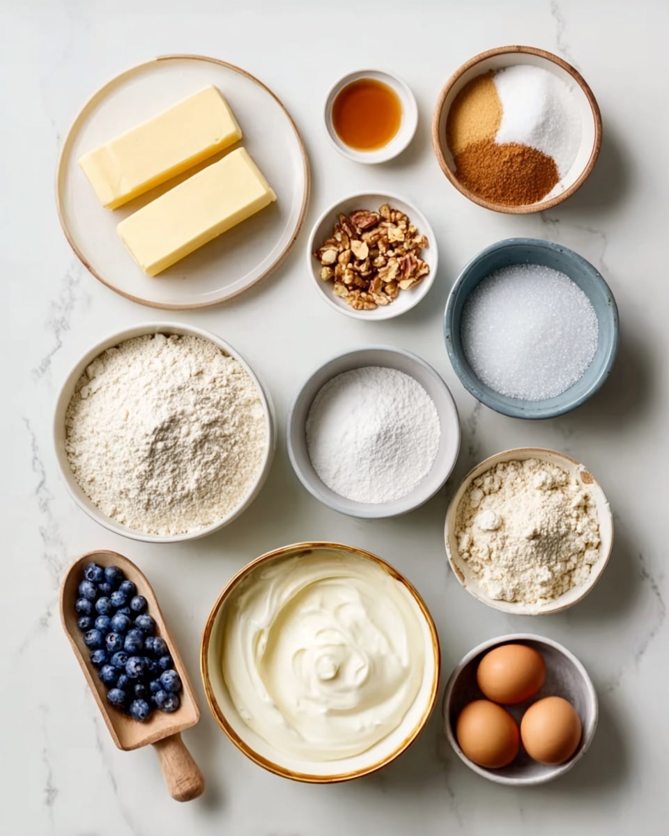 A white marbled surface holds an array of ingredients arranged neatly in bowls and plates. On the left, two rectangular sticks of pale yellow butter rest on a small white plate. Above, small white and wooden bowls hold amber liquid, cinnamon powder, and salt. At the center, a large white bowl contains white granulated sugar, while a grey bowl with brown sugar sits above it. To the right, a white bowl with a golden rim is filled with a mound of white flour. Next to it, a white bowl has creamy white yogurt, and a small grey bowl holds powdered white ingredient. In the bottom left corner, a wooden scoop carries bright blue blueberries. Near it, a small grey bowl contains two brown eggs and a white bowl filled with chopped nuts. The background is a white marbled texture. Photo taken with an iphone --ar 4:5 --v 7