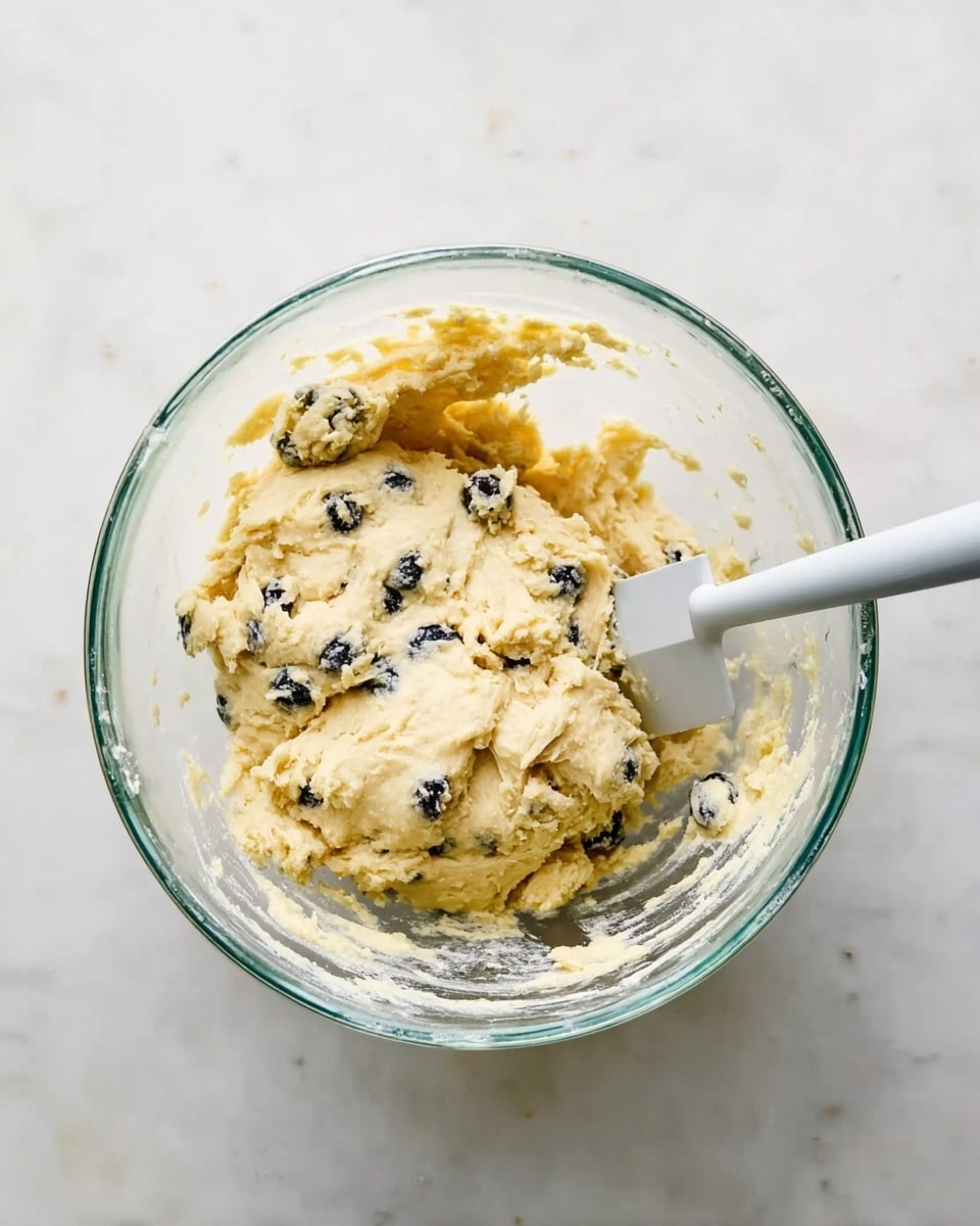 A clear glass bowl containing a thick, pale yellow dough mixed with small dark blue spots, likely blueberries, sits on a white marbled surface. A white spatula with a narrow handle is resting inside the bowl, partially covered with dough. The texture of the dough looks soft and slightly sticky, with small lumps and uneven parts where the blueberries are spread inside. photo taken with an iphone --ar 4:5 --v 7