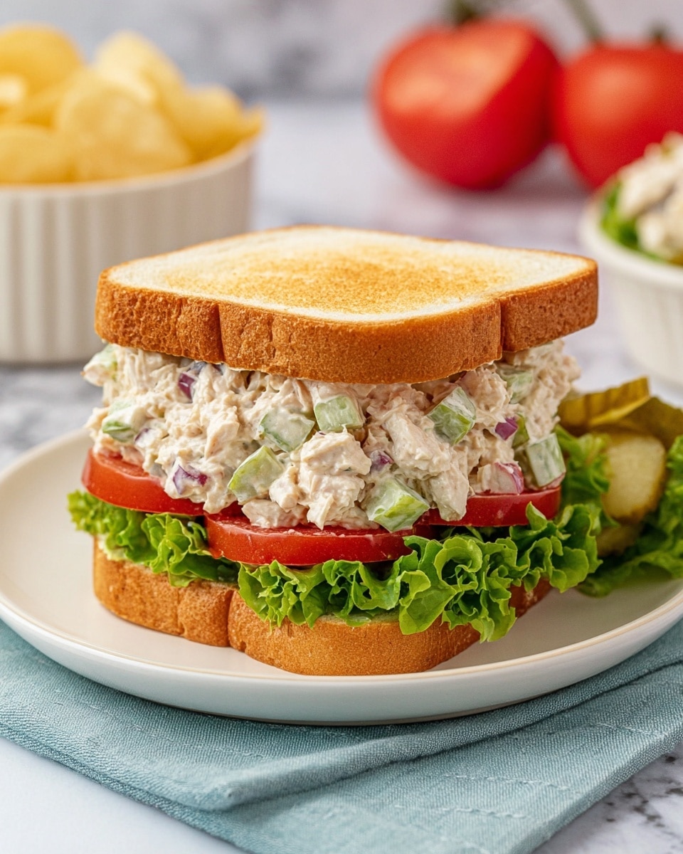 A three-layer sandwich on two thick slices of golden toasted white bread sits on a white plate. The bottom layer has bright green leafy lettuce, followed by two thick red tomato slices. The middle layer is a creamy chicken salad mixture with small chunks of chicken, green celery pieces, and bits of purple onion, all coated in a white dressing. The top slice of bread is slightly thicker and golden brown, covering the filling. The plate rests on a light blue cloth over a white marbled surface, with blurred background elements like a white bowl, a sliced tomato, and potato chips on the side. photo taken with an iphone --ar 4:5 --v 7