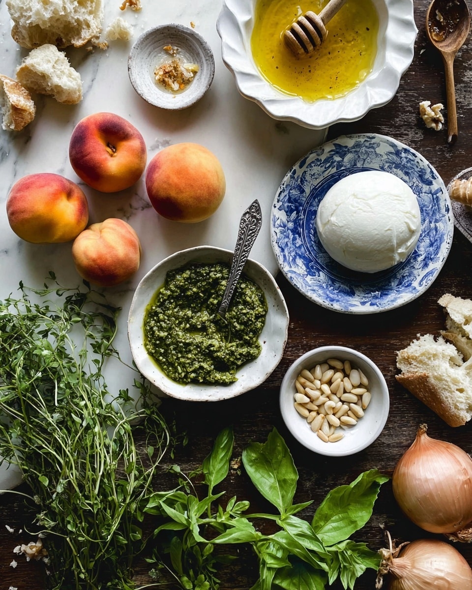 The image shows a variety of fresh ingredients arranged on a dark wooden surface. There are three soft, round peaches with a mix of orange, yellow, and red colors near the center. Below them, fresh green herbs with thin leaves spread out. On the right side, a white bowl holds a large, smooth ball of white cheese with a few green leaves on top. Next to it, a white bowl with blue patterns contains a textured green sauce, likely pesto, and a silver spoon with a feather-shaped handle rests inside. Above, there is a white bowl with a scalloped edge filled with a yellow sauce that has small bits in it, another spoon with the same decorative handle inside. Small piles of coarse salt sit on a tiny dish. Pine nuts fill a small white bowl lined with blue near the bottom. Two onions with reddish skin and a bulb of garlic with off-white papery skin lie near the upper right. Pieces of broken, light-colored bread are scattered around the herbs on the left side. A wooden honey dipper rests over a small dish with golden honey in the upper left. Everything is set against a white marbled background. photo taken with an iphone --ar 4:5 --v 7