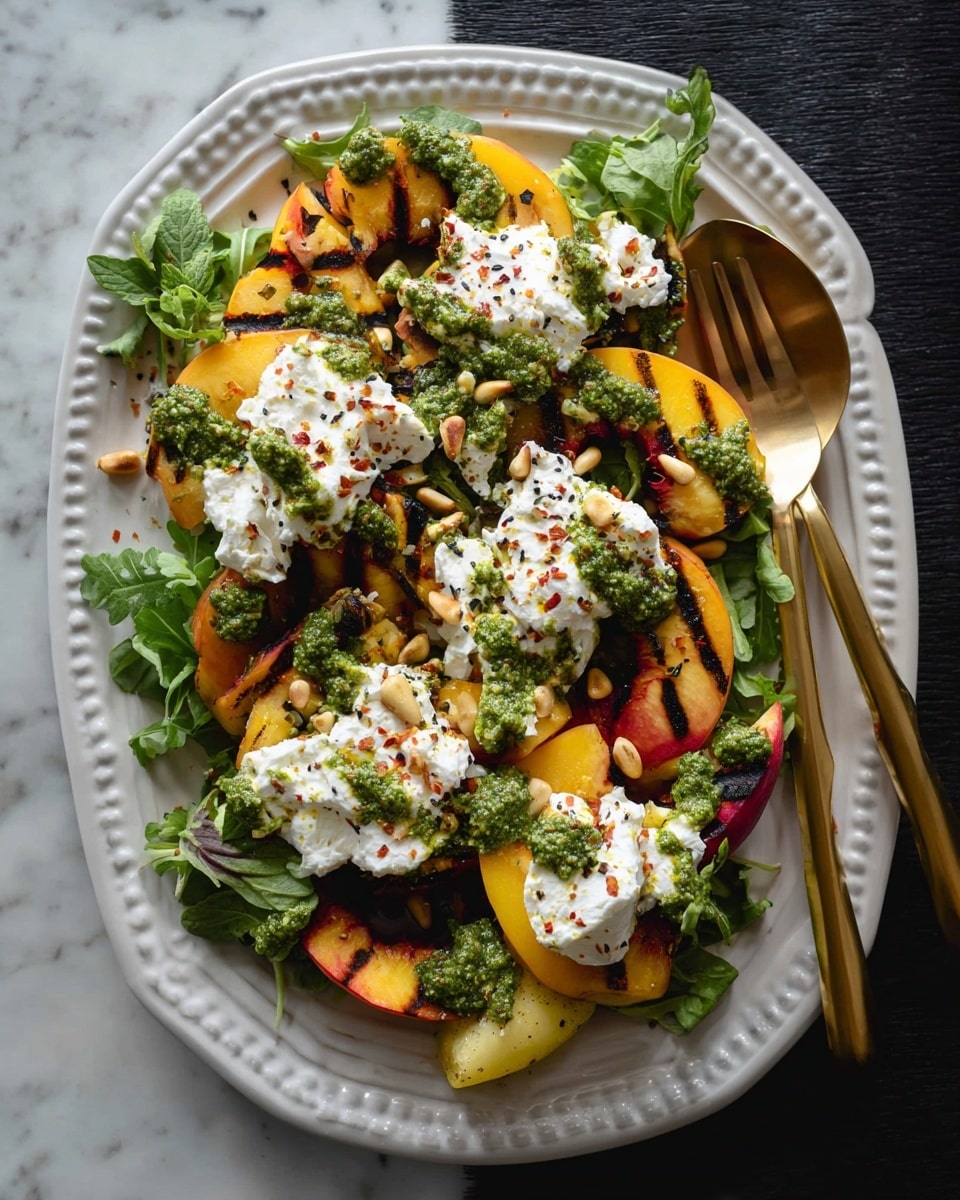 A white plate holds a colorful grilled peach salad arranged in layers: first, slices of yellow and orange grilled peaches with dark char marks, mixed with green dollops of pesto spread unevenly. On top, several large white dollops of soft cheese sprinkled with light red spices and black pepper. Scattered pine nuts and a few fresh small green herb leaves add texture and color contrast. The white marbled surface is barely visible around the plate. A gold fork and spoon rest on the right edge of the plate. Photo taken with an iphone --ar 4:5 --v 7