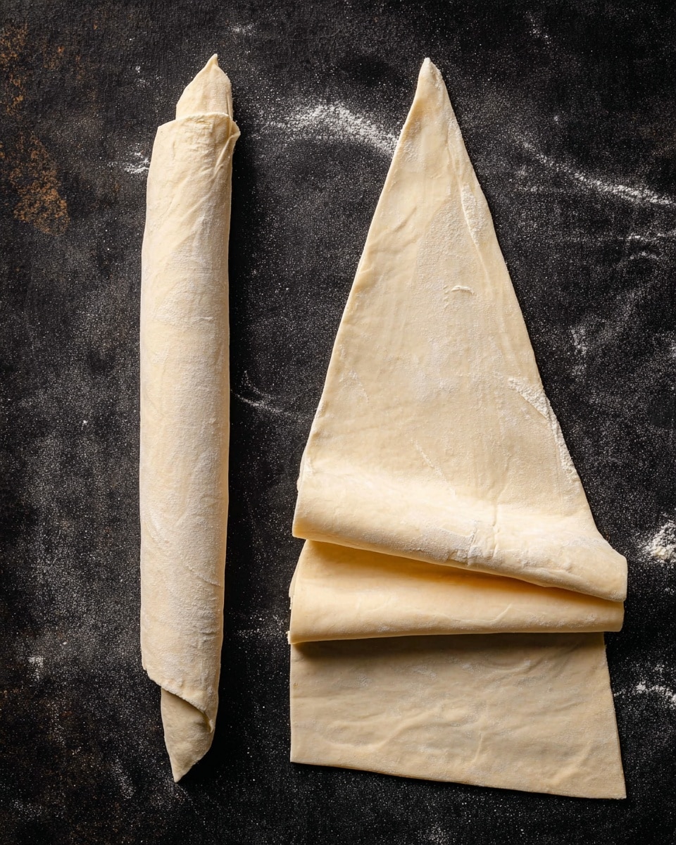 The image shows thin, triangular layers of light beige dough laid flat on a dark surface, with one piece rolled tightly into a cylindrical shape on the left side. The dough appears soft and slightly translucent with smooth texture and subtle wrinkles. The triangular dough pieces are positioned vertically, with the widest part at the bottom. The surface contrasts with the dough having a rough, slightly dusty look. photo taken with an iphone --ar 4:5 --v 7