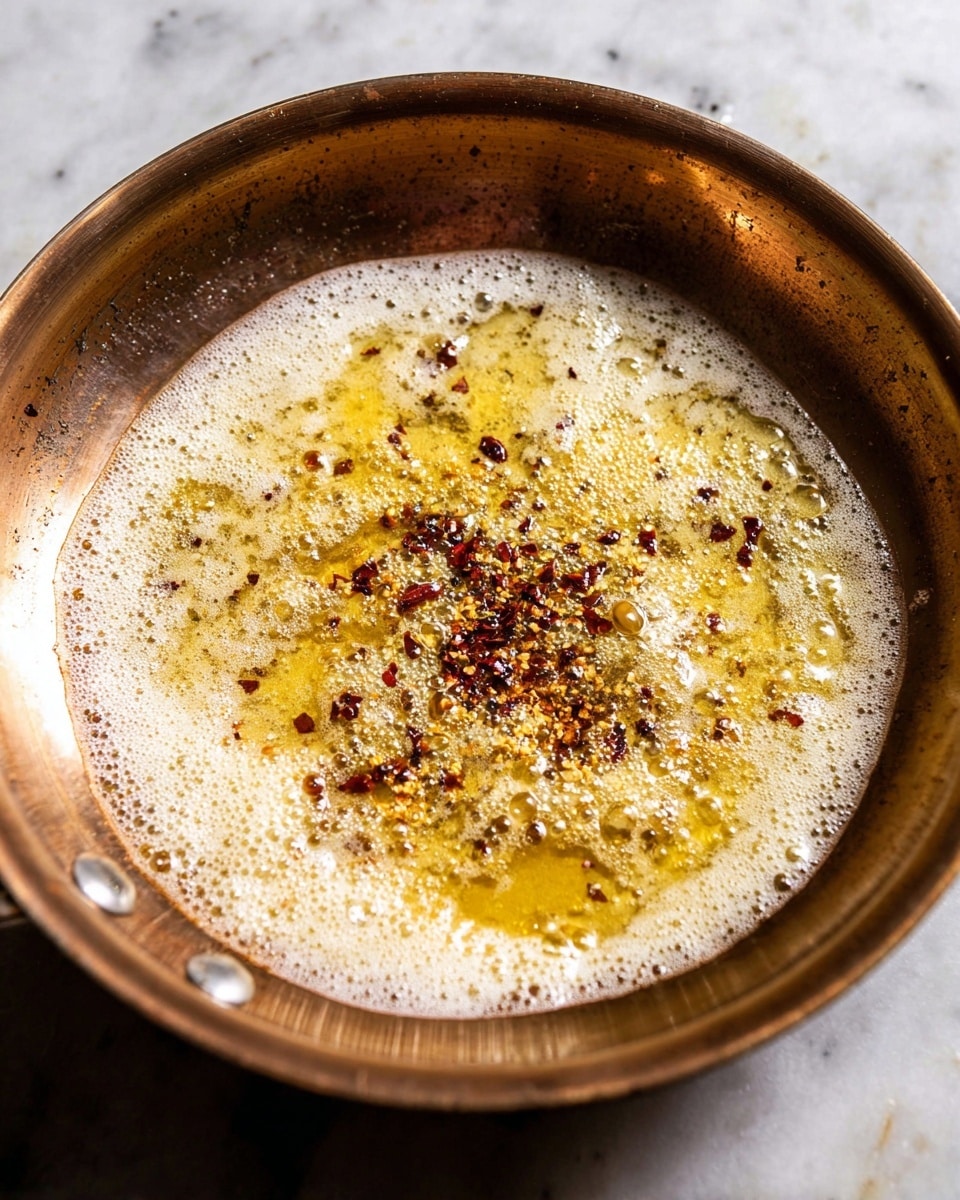 A bronze-colored pan is shown with bubbling melted butter that spreads around the base of the pan. In the center, there are small dark red chili flakes simmering in the hot butter, creating shiny bubbles with a rich golden hue. The edges of the butter are foamy and slightly creamy, contrasting with the dark spices in the middle. The pan has a smooth metallic texture with speckled marks around the upper edge, all set on a white marbled surface. photo taken with an iphone --ar 4:5 --v 7