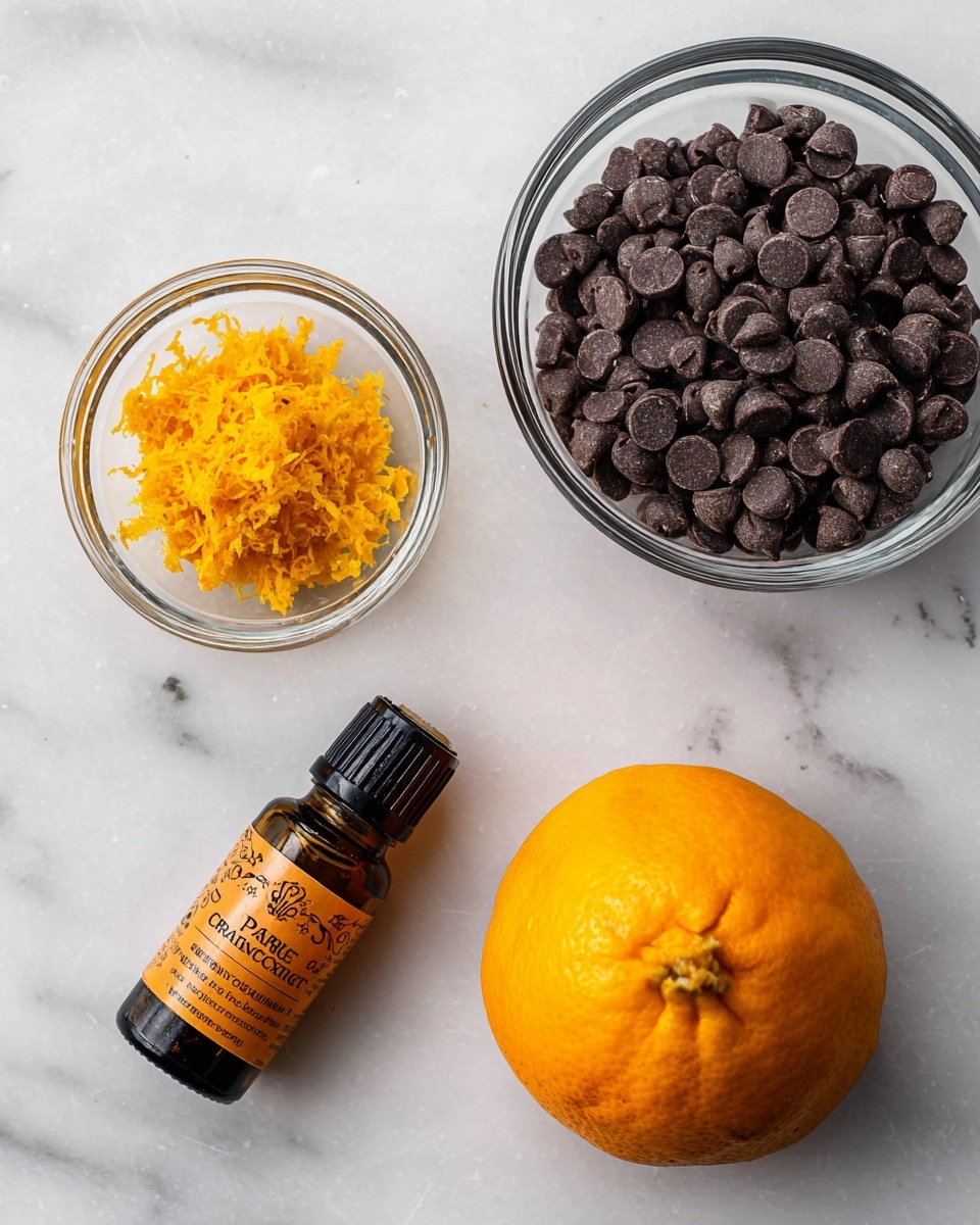 A clear glass bowl filled with dark brown chocolate chips sits in the top right. Below it, on the white marbled surface, is a whole bright orange with a slightly rough texture. To the left of the orange, there is a small clear glass bowl with a heap of orange zest inside. Above the orange zest, a small amber bottle with a black cap and an orange label reading 