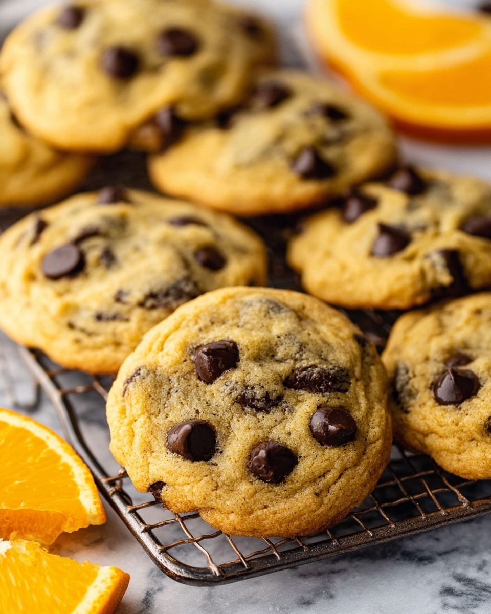 Seven golden brown cookies with dark chocolate chips scattered unevenly throughout are placed closely together on a metal cooling rack. The cookies have a soft, slightly bumpy texture with some chocolate chips slightly melted on top. The scene includes a blurred background featuring a few slices of bright orange fruit on a white marbled surface. The focus is on the cookies in the center, showing their round shapes and small cracks. photo taken with an iphone --ar 4:5 --v 7