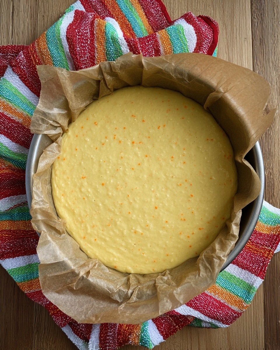 A round baking pan lined with crinkled parchment paper holds smooth, pale yellow batter with small orange specks spread evenly across the surface. The pan rests on a wooden surface, next to a colorful striped cloth with red, green, yellow, and blue lines. The batter looks ready to bake, filling the pan close to the edges. photo taken with an iphone --ar 4:5 --v 7
