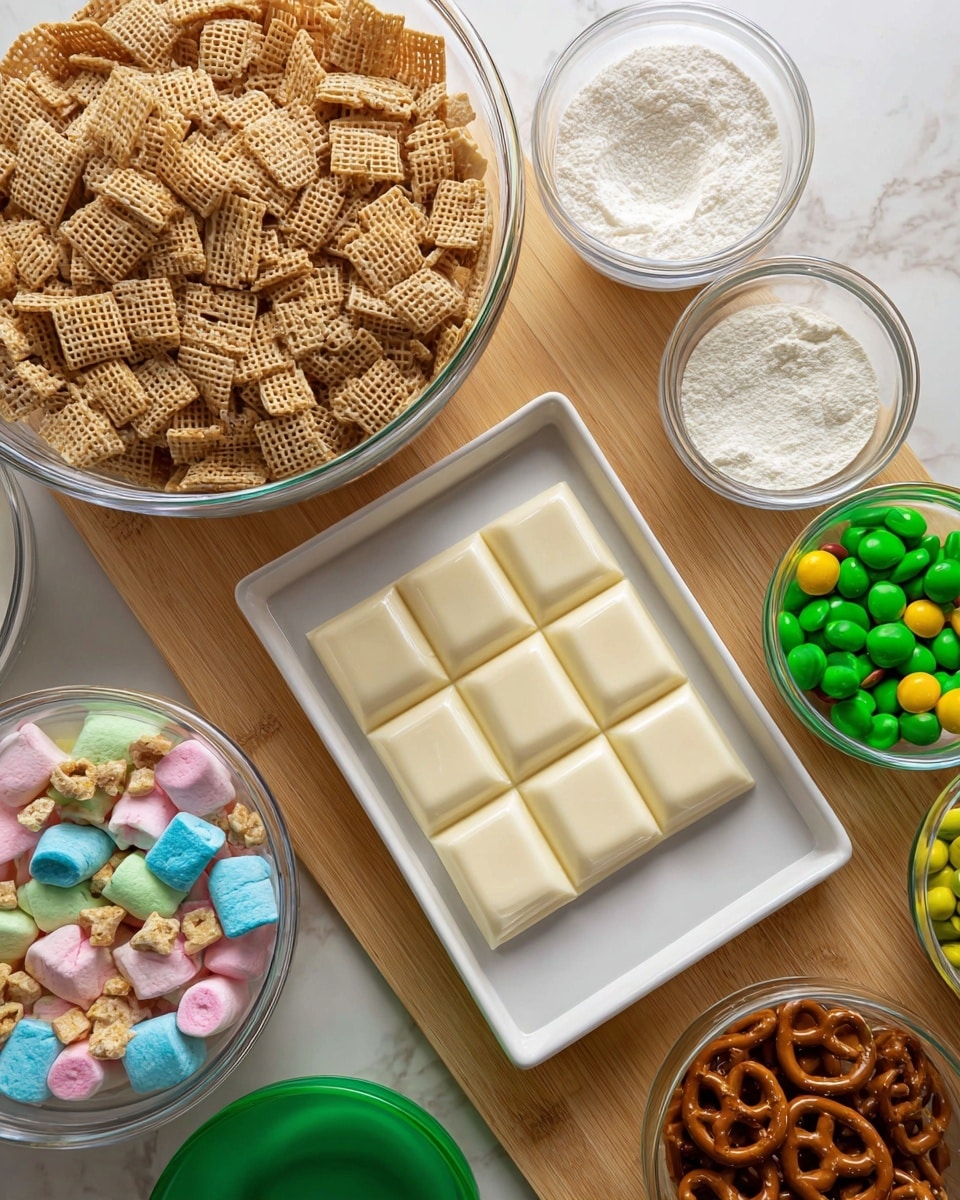 The image shows a wooden board on a white marbled surface holding a variety of clear glass bowls and a white tray. Starting from the top left, there is a large glass bowl filled with light brown crispy square cereal pieces with a woven texture. Next to it, a smaller glass bowl contains white powder, likely sugar or flour. To the right, another glass bowl holds green and yellow candy-coated chocolates. In the bottom left corner, a glass bowl is filled with colorful marshmallows in pink, blue, yellow, and orange. Directly below, a larger glass bowl contains cereal with colorful marshmallow bits mixed in, in shades of red, blue, pink, green, and purple. At the center is a white tray holding a white chocolate bar with segmented squares. Finally, a small glass bowl filled with brown pretzel snacks sits at the right edge. A green bowl is partially visible on the white marbled surface. photo taken with an iphone --ar 4:5 --v 7