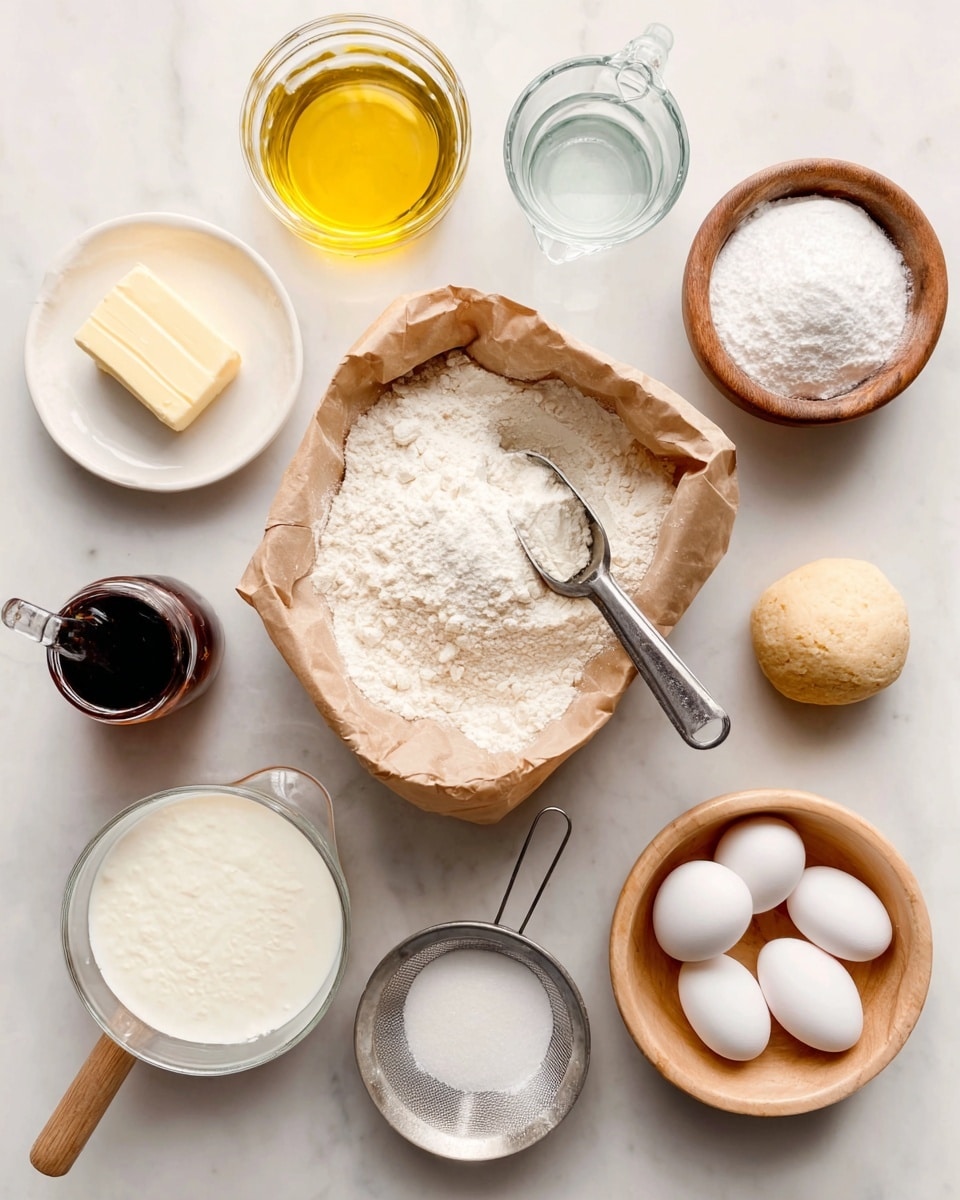 A top-down view shows various baking ingredients neatly arranged on a white marbled surface. In the center is a brown paper sack filled with white flour, with a metal scoop resting inside. Surrounding the sack, from top left clockwise, are a clear glass jar of yellow oil, a small stick of butter, a wooden bowl filled with white sugar, a clear glass cup of water, a small bottle of dark vanilla extract, a light brown ball of yeast, a white bowl filled with whole milk, a sifter with powdered sugar inside, and a wooden bowl holding three white eggs. The overall setting is bright and clean, with simple, natural colors. Photo taken with an iphone --ar 4:5 --v 7