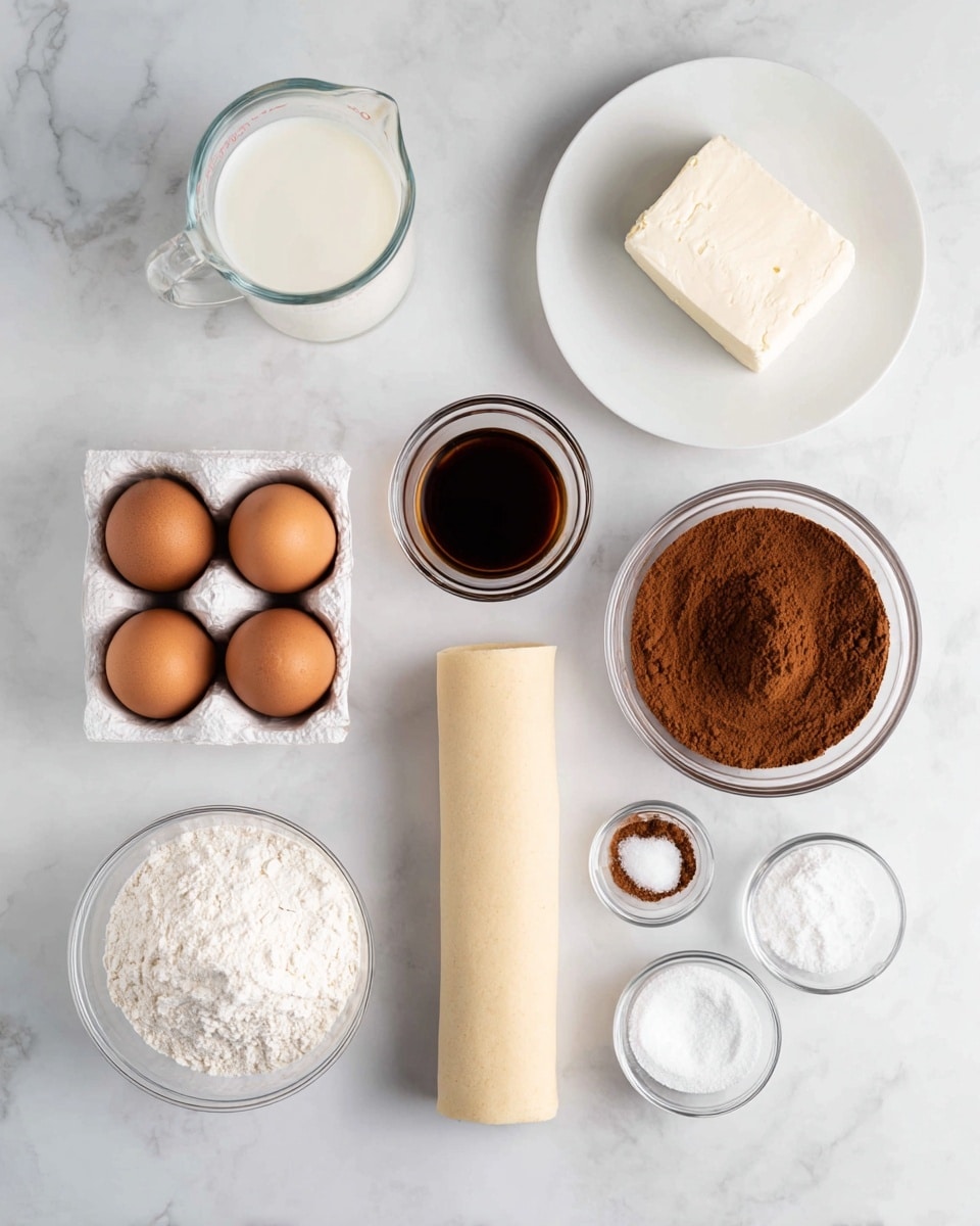 On a white marbled surface, several baking ingredients are arranged neatly: a clear glass measuring cup with milk at the top left, a white plate holding a block of cream cheese at the top right, a small clear bowl with vanilla extract in the center, a clear bowl filled with light brown sugar to the right, and another clear bowl with cocoa powder to the left. Directly below the cocoa powder is a white egg carton holding three brown eggs. A rolled-up strip of light beige dough lies vertically in the middle. Near the bottom right, there are two more small clear bowls with powdered sugar and flour, along with a tiny bowl with salt. The lighting is bright and soft, emphasizing the clean, organized layout. Photo taken with an iphone --ar 4:5 --v 7