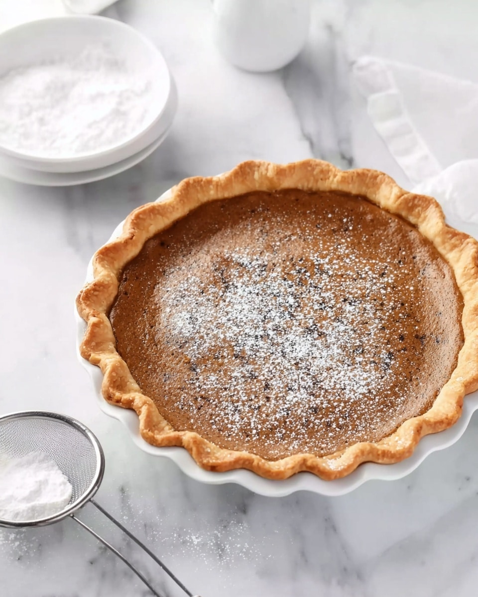 A round pie with a wavy-edged golden crust sits in a white pie dish, filled with a smooth brown filling that has a slightly cracked surface dusted lightly with white powdered sugar. The pie is placed on a white marbled surface, with a small white bowl filled with more powdered sugar nearby, and a metal fine-mesh sieve resting next to it. photo taken with an iphone --ar 4:5 --v 7