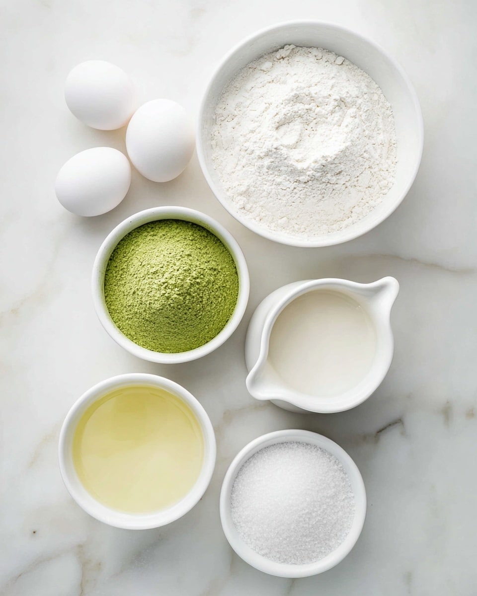 Seven white bowls and two white eggs are placed on a white marbled background. The largest bowl is filled with a white powdery flour and is positioned at the top right. Below it to the left is a bowl with a fine bright green powder. To the bottom right of the green powder is a bowl filled with granulated white sugar. Two whole white eggs sit side by side left of the sugar bowl. On the bottom left is a bowl with a pale yellow liquid. To its right, a smaller white bowl holds white powder, possibly baking powder or salt. On the top right corner is a small white pitcher filled with a creamy liquid. Photo taken with an iphone --ar 4:5 --v 7