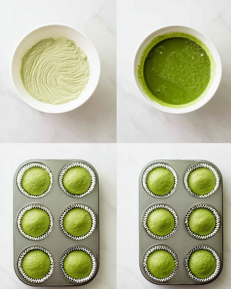 The image shows four stages of making green cupcakes on a white marbled surface. The top left frame has a white bowl filled with pale green dry powder with a swirled pattern on top. The top right frame shows the same bowl with a thick green batter liquid with some small bubbles. The bottom left frame has a muffin tin with white paper liners filled with green batter evenly spread. The bottom right frame has the same muffin tin with green cupcakes risen and puffed up, showing a soft texture and smooth tops. Photo taken with an iphone --ar 4:5 --v 7
