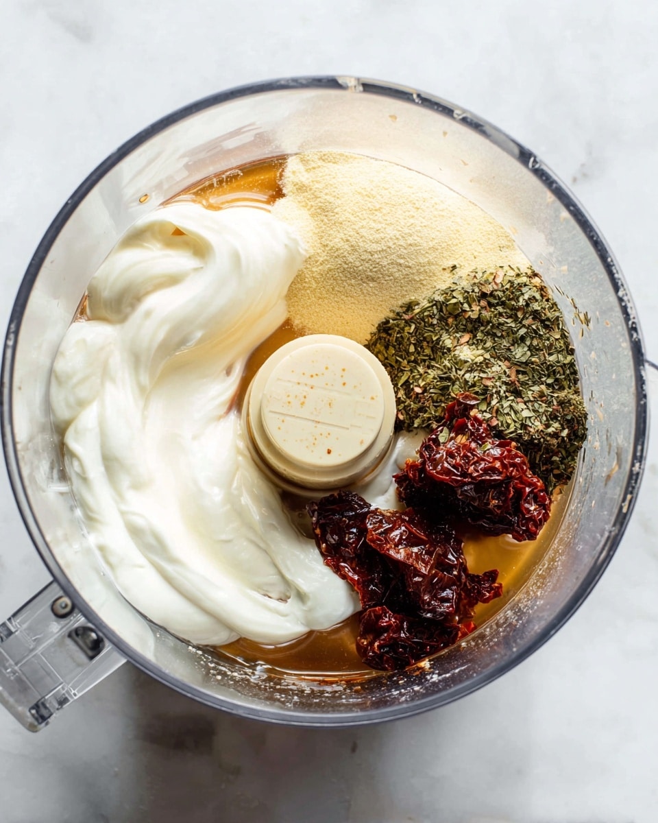 A clear food processor bowl sits on a white marbled surface, filled with several unmixed ingredients layered in distinct sections. In the lower left, there is a thick, white creamy layer with soft swirls, next to it on the bottom right lies a shiny, dark red chunky layer of dried chilies. The center holds a light tan, round measuring cap partially buried in the mixture. Above this, a pile of light yellow powder rests near dark green dried herbs, while a translucent amber liquid forms the base all around. The colors range from creamy white, dark red, amber brown, light yellow, to deep green with differing textures like smooth, wet, powdery, and leafy. Photo taken with an iphone --ar 4:5 --v 7