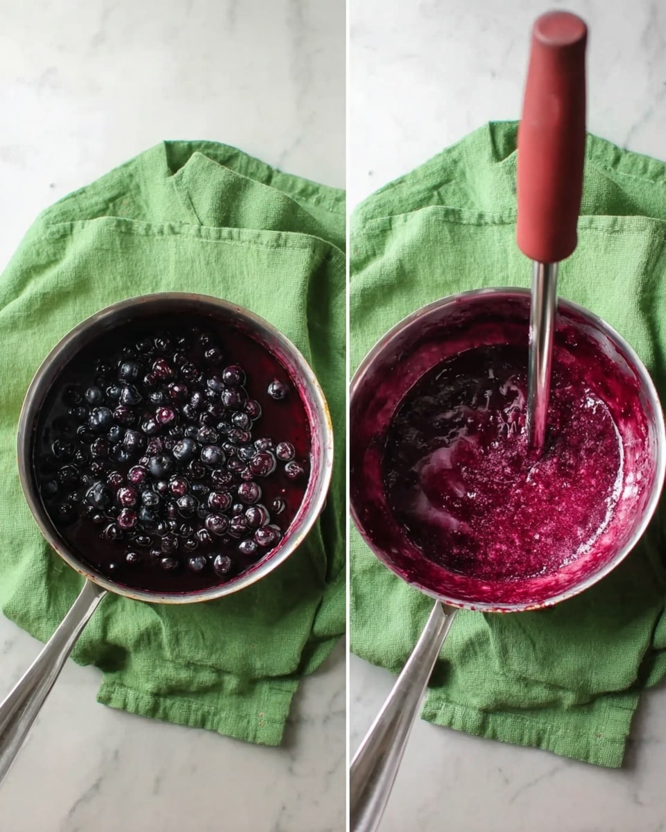 The image shows two side-by-side photos of a small silver pan placed on a green cloth over a white marbled surface. The left photo has whole dark blueberries filling the pan, with a deep purple liquid around them, showing a thick texture. The right photo shows the same pan but with the blueberries blended into a smooth, thick purple mixture. A silver and red hand blender is inside the pan, blending the mixture, with some purple juice around the blender. The green cloth is slightly wrinkled under the pan. photo taken with an iphone --ar 4:5 --v 7
