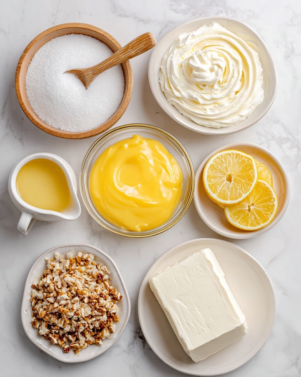 A top-down view shows six small white dishes arranged on a white marbled surface, each filled with different ingredients. Starting from the top left, a round wooden bowl holds white granulated sugar with a wooden spoon resting inside. To the right, a white bowl contains smooth, soft whipped topping with swirled texture. Below the sugar, a clear round bowl is filled with bright yellow, glossy lemon pie filling, showing a thick, smooth layer. Near the center, a small white pouring jug holds melted butter, shiny and yellow. To the right of that, a small white plate displays four thinly sliced lemon rounds showing a pale yellow color with visible seeds and rind. At the bottom, a clear glass bowl contains crushed pretzels, showing a mix of crumbly light brown and tan pieces. Finally, to the bottom right, a white plate holds two thick blocks of cream cheese, smooth and white. All elements are neatly placed and brightly lit. photo taken with an iphone --ar 4:5 --v 7