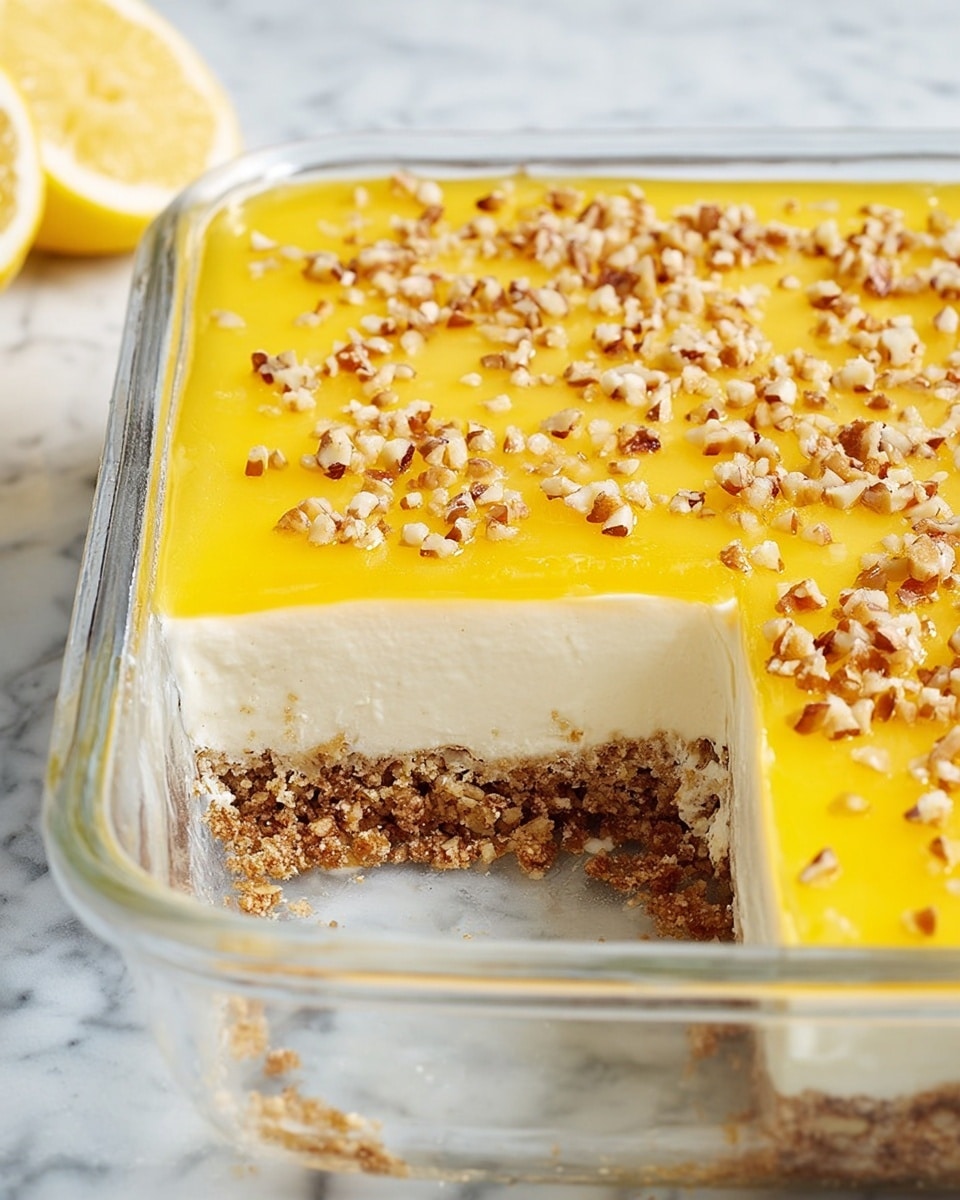 A clear rectangular glass dish holds a three-layer dessert with one corner missing, showing the texture inside. The bottom layer is thick and crumbly with a light brown color, likely a nutty or cookie base. The middle layer is thick and creamy with a soft white color, smooth in texture. The top layer is a glossy, bright yellow jelly or custard spread smoothly over the cream, sprinkled evenly with small, chopped brown nuts. A lemon wedge partially visible in the background rests on a white marbled surface. Photo taken with an iphone --ar 4:5 --v 7
