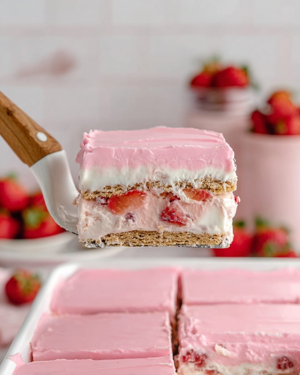 A close-up of a square slice of dessert held by a white metal spatula with a wooden handle. The dessert has three layers: the top layer is smooth, light pink frosting covering the entire slice; the middle layer is thick, white creamy filling with visible pieces of red strawberries; the bottom layer consists of light brown, crumbly wafer or cookie base supporting the creamy filling. The slice is lifted above a white container with more of the same dessert, showing the clean straight edges between slices. The background has a white marbled texture with blurred strawberries and a light pink jar in soft focus. Photo taken with an iphone --ar 4:5 --v 7
