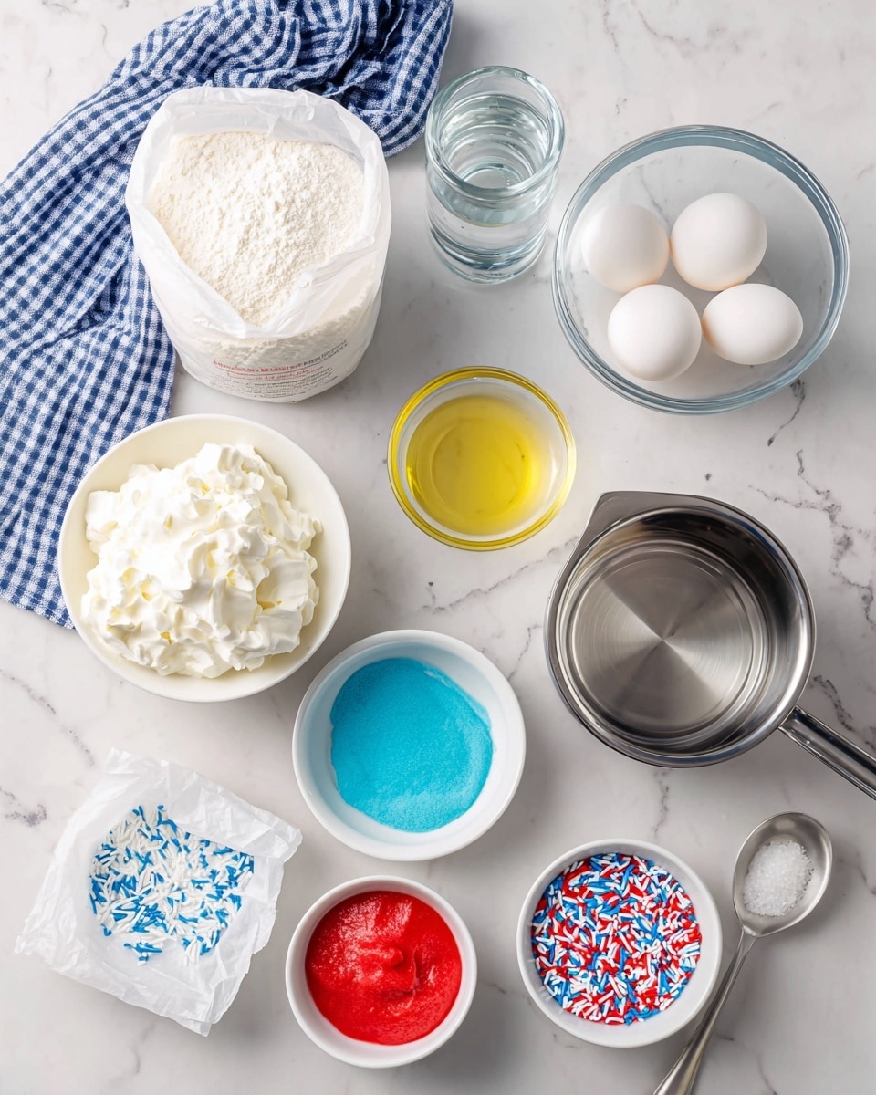 The image shows an overhead view of various baking ingredients arranged neatly on a white marbled surface. At the top left, there is a large white bag of white cake mix next to a clear glass jug of water. To the right, a clear glass bowl holds three white eggs, and below it, another clear jug with water is placed next to a shiny metal saucepan filled with water. In the middle left, a white bowl contains fluffy white whipped topping, with a small glass container of yellow oil beside it. Below these, there are two paper bags: one with blue powder labeled blue jello, and the other with red powder labeled red jello. Near the bottom, a small glass bowl has white powdered sugar, and two small white bowls hold red, white, and blue sprinkles with different shapes. A blue and white checkered cloth is partially visible at the top left. photo taken with an iphone --ar 4:5 --v 7