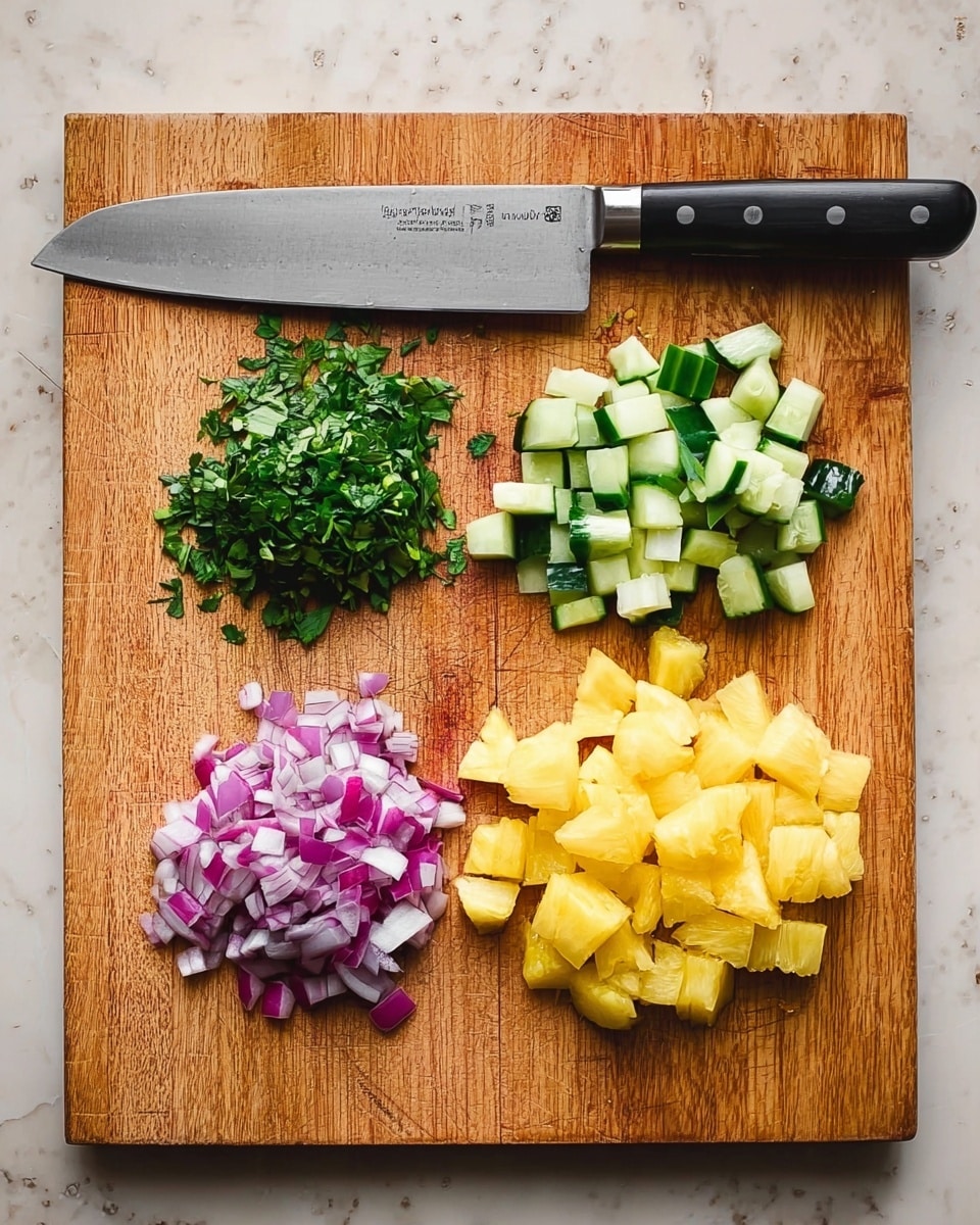 A wooden board lies on a white marbled surface, with four piles of chopped ingredients neatly arranged in a row. From left to right, there is a small pile of chopped green herbs with a leafy texture, next to it a pile of chopped red onions showing layers of deep purple and white, then a pile of chopped cucumber pieces that are bright green with a juicy texture, and finally a bigger pile of chopped yellow pineapple chunks displaying a soft but firm look. A silver knife with a black handle rests horizontally above the piles on the board Photo taken with an iphone --ar 4:5 --v 7