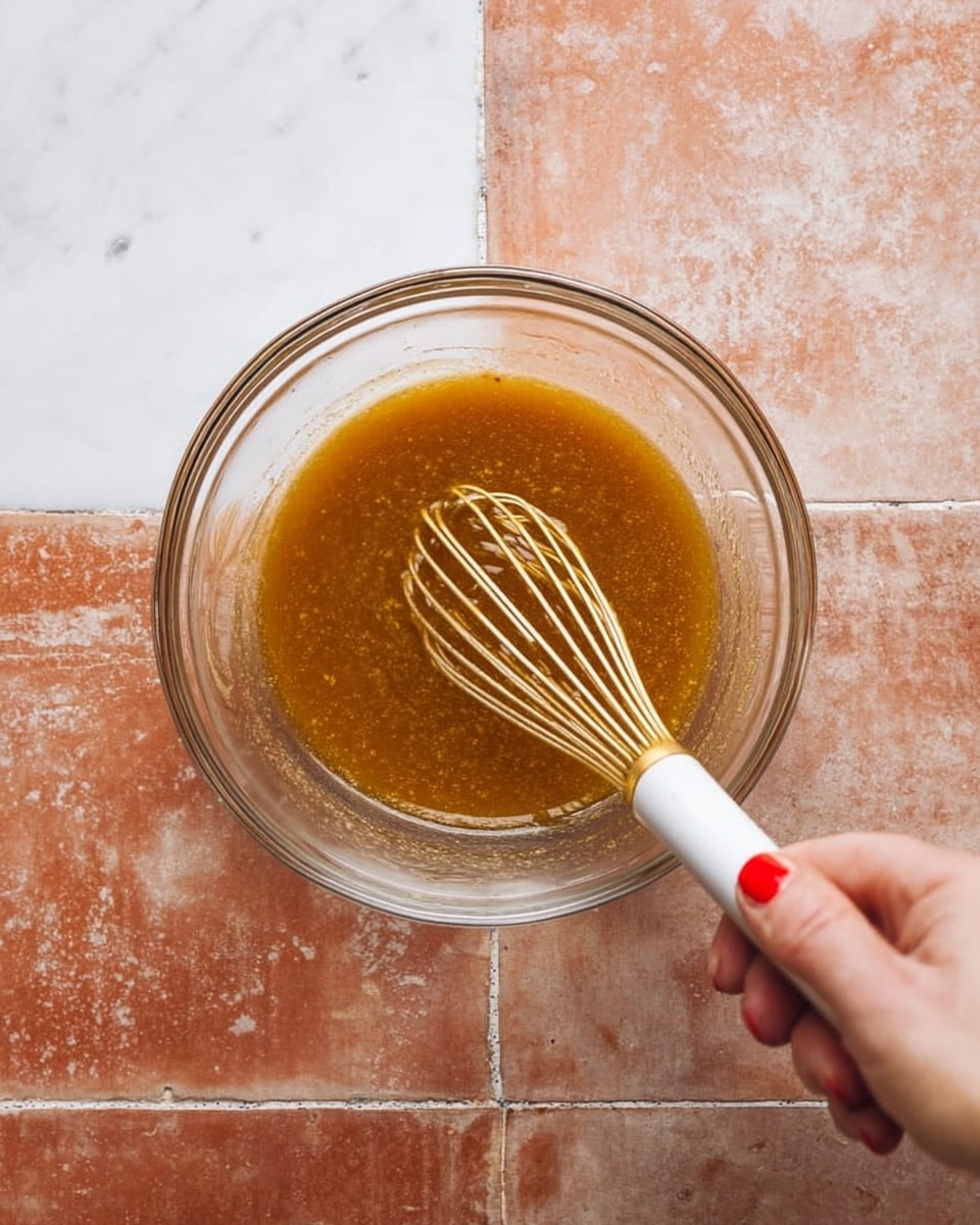 A clear glass bowl sits on a white marbled surface, containing a thick golden-brown liquid with a slightly shiny texture in the center. A woman's hand with red painted nails holds a white whisk with a gold handle, partially dipped in the liquid, positioned on the right side of the bowl. The overall scene shows a simple mixing moment with warm tones and clean details. photo taken with an iphone --ar 4:5 --v 7