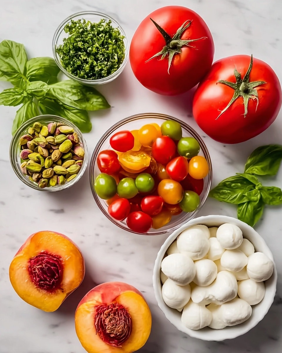 The image shows a variety of fresh ingredients placed on a white marbled surface. There are two whole red tomatoes with green stems at the top right. Near the center, there is a small clear bowl filled with halved cherry tomatoes in red, yellow, and green colors. To the left side, a small clear bowl contains green chopped basil leaves, and above it, another small clear bowl holds green pistachio nuts. At the bottom right, a white bowl is filled with round white mozzarella balls. Near the bottom left, there are two peach halves with bright orange-yellow flesh and red centers, and some whole green basil leaves are nearby. The whole setup is clean and colorful. photo taken with an iphone --ar 4:5 --v 7